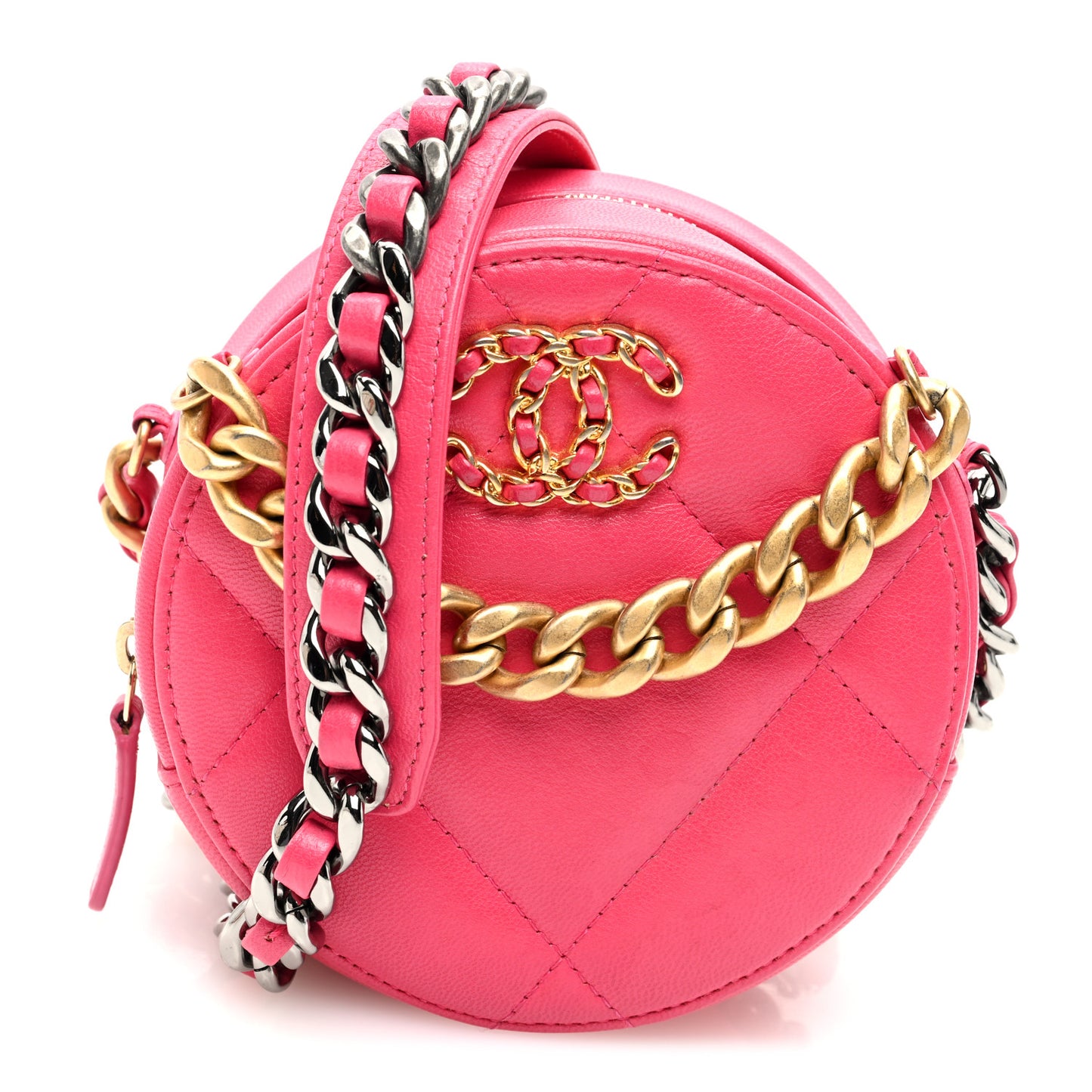 Goatskin Quilted Chanel 19 Round Clutch With Chain Dark Pink