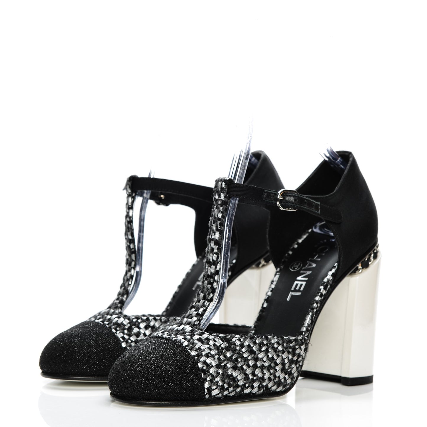 Tweed Grosgrain Chain T-Strap Pumps 40 Black Silver