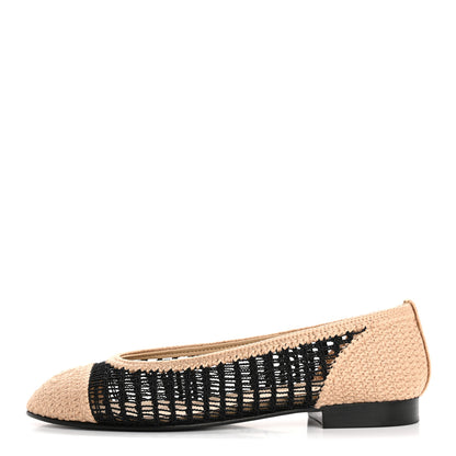 Chanel Raffia Cap Toe Ballerina Flats 37.5 Black Beige 1 of 9