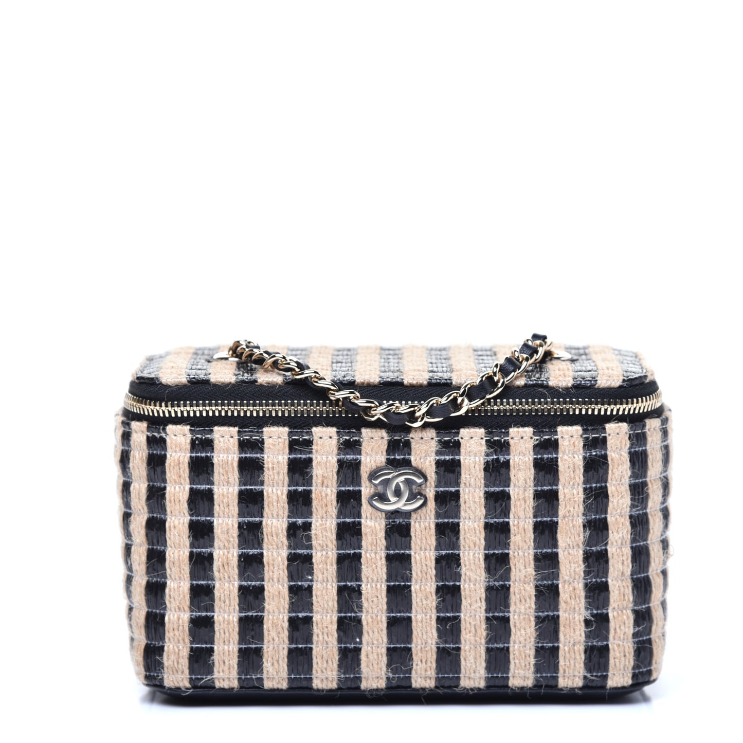 Raffia Jute Striped Small Vanity Case With Chain Black Beige
