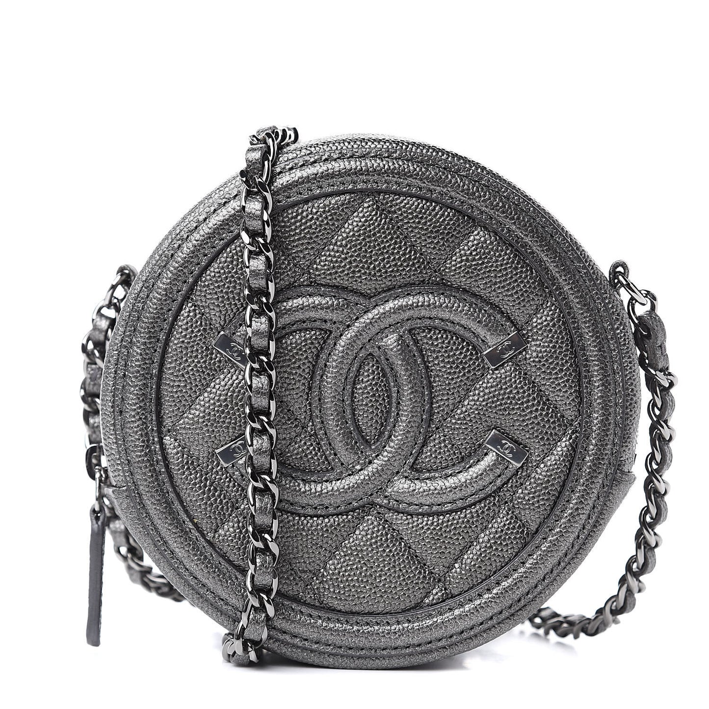 Metallic Caviar Quilted Round Filigree Crossbody Dark Silver