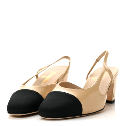 Chanel Goatskin Grosgrain Cap Toe CC Slingback Pumps 36.5 Beige Black 4 of 10