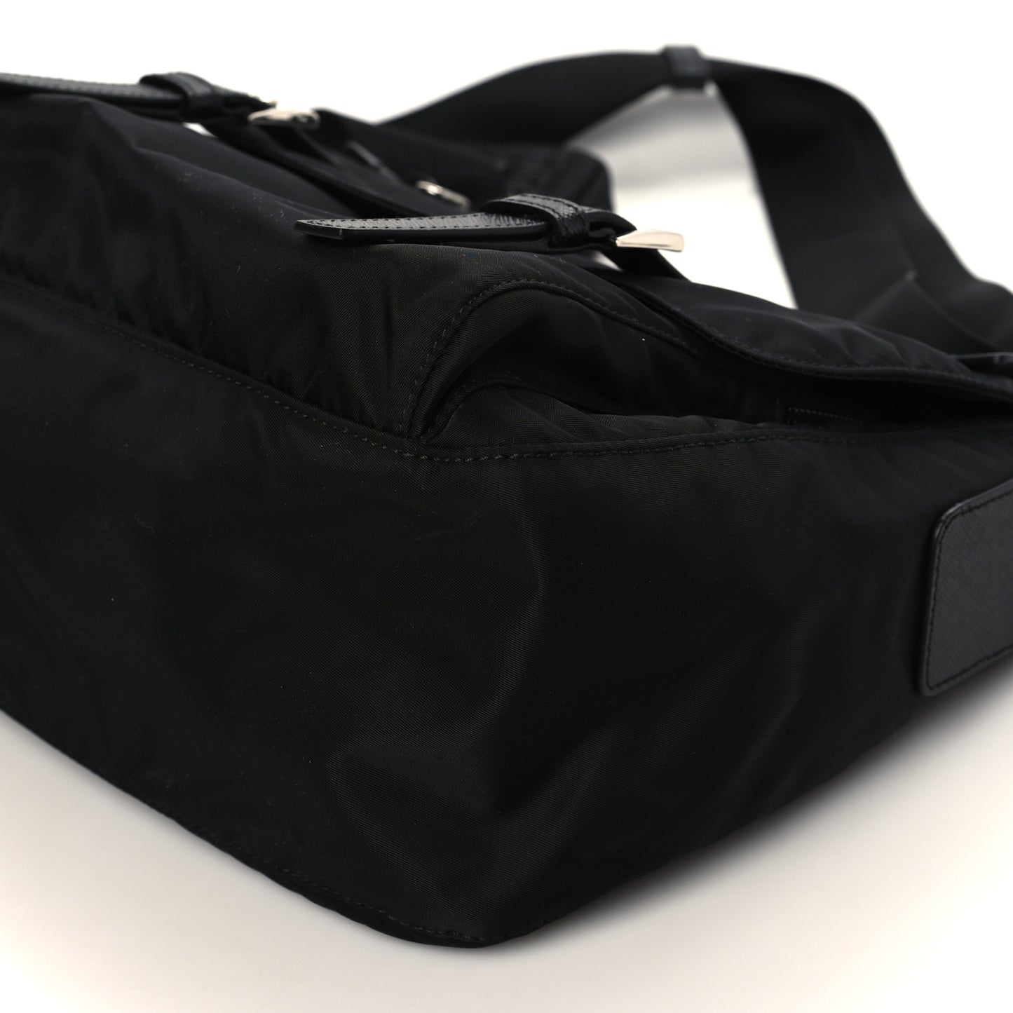 Re-Nylon Vela Saffiano Pocket Double Buckle Messenger Shoulder Bag Black