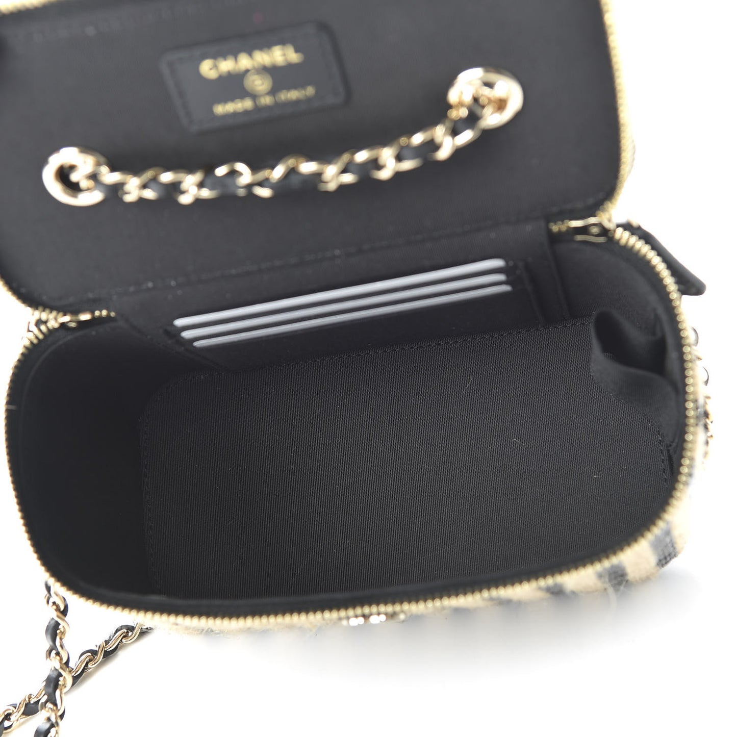 Raffia Jute Striped Small Vanity Case With Chain Black Beige