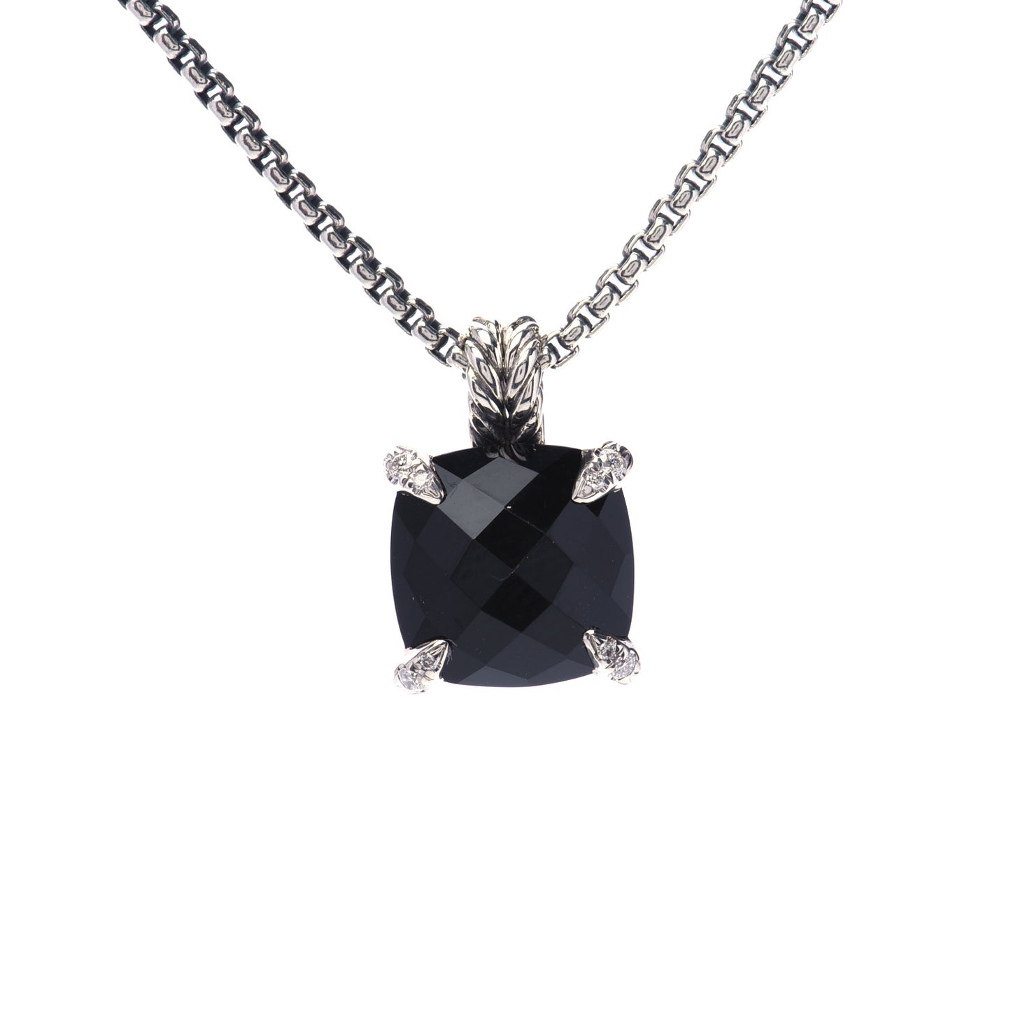 Sterling Silver Diamond Black Onyx 11mm Chatelaine Pendant Necklace