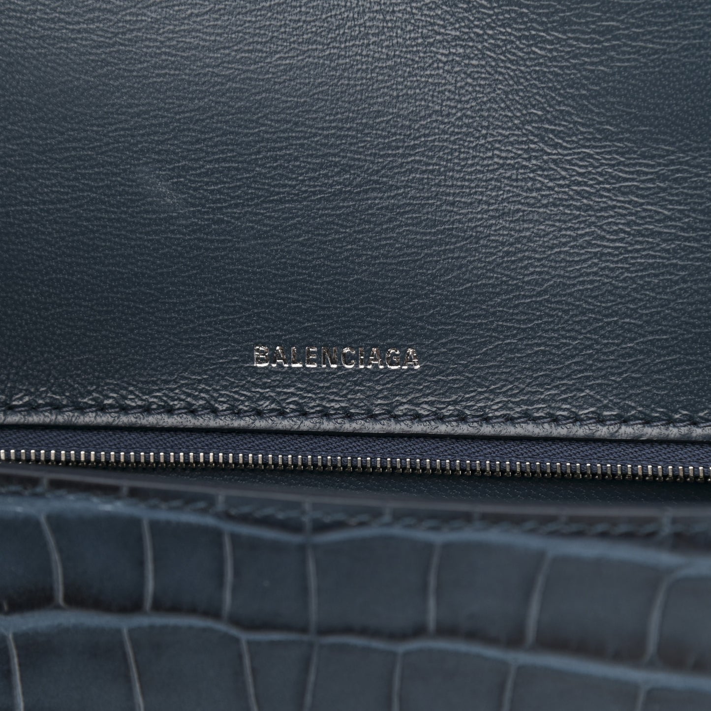 Shiny Calfskin Crocodile Embossed Medium Hourglass Top Handle Bag Denim Blue