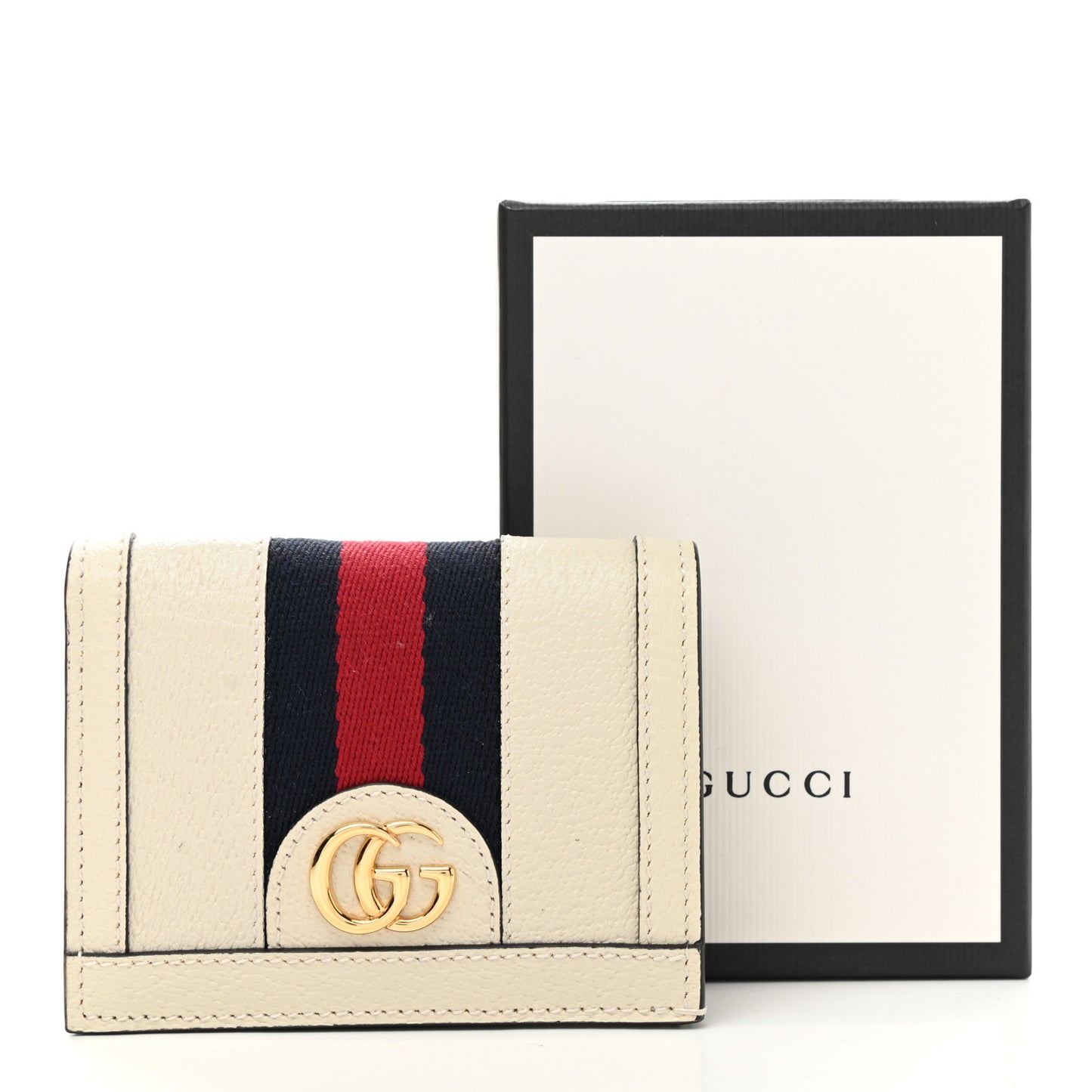 Textured Calfskin Web Ophidia Card Case Mystic White