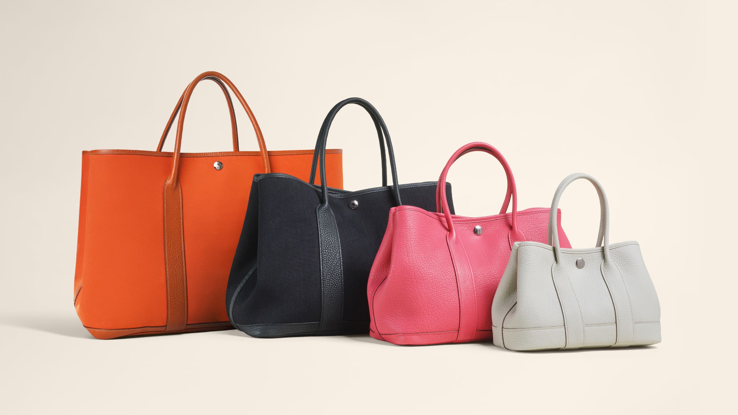 Four Hermes Garden Party bags in sizes 49, 36, 30, and 23, stacked from left to right.