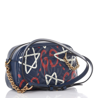 Gucci Calfskin Matelasse GucciGhost Small GG Marmont Chain Shoulder Bag Blue Agata Hibiscus Red 3 of 11