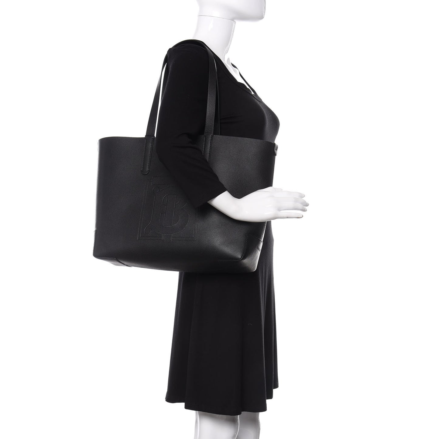 Calfskin TB Motif Embossed Medium Tote Black