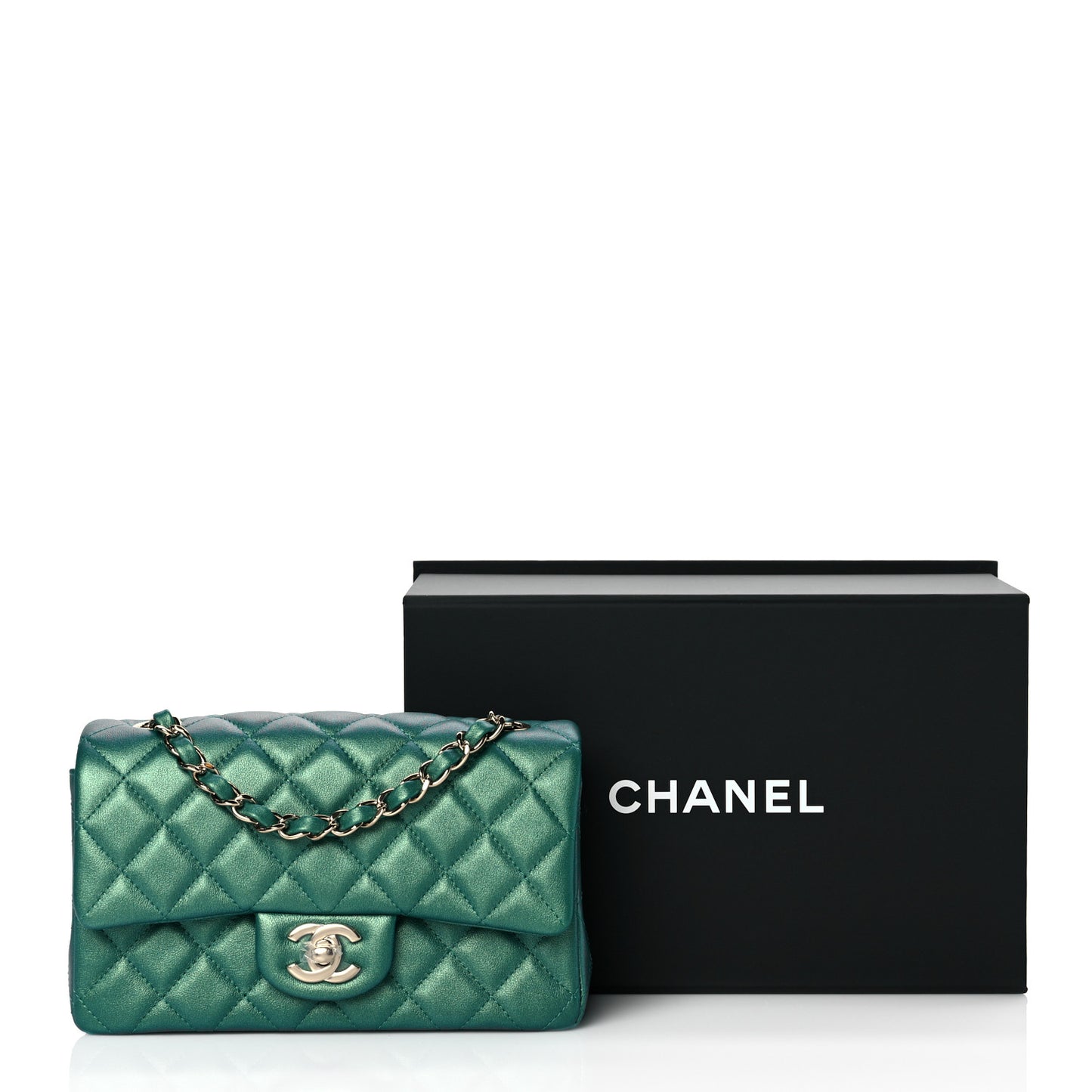 Iridescent Calfskin Quilted Mini Rectangular Flap Green
