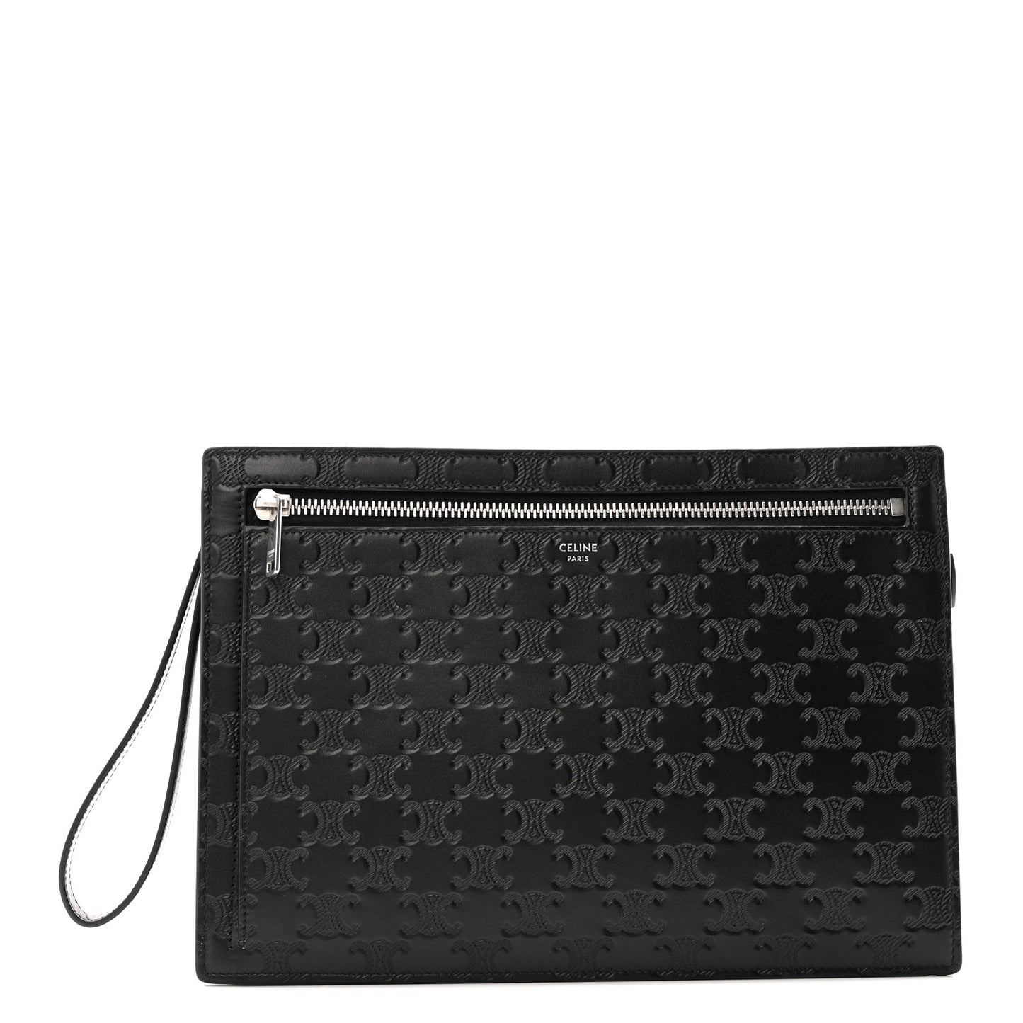 Calfskin Triomphe Embossed Pouch With Strap Black