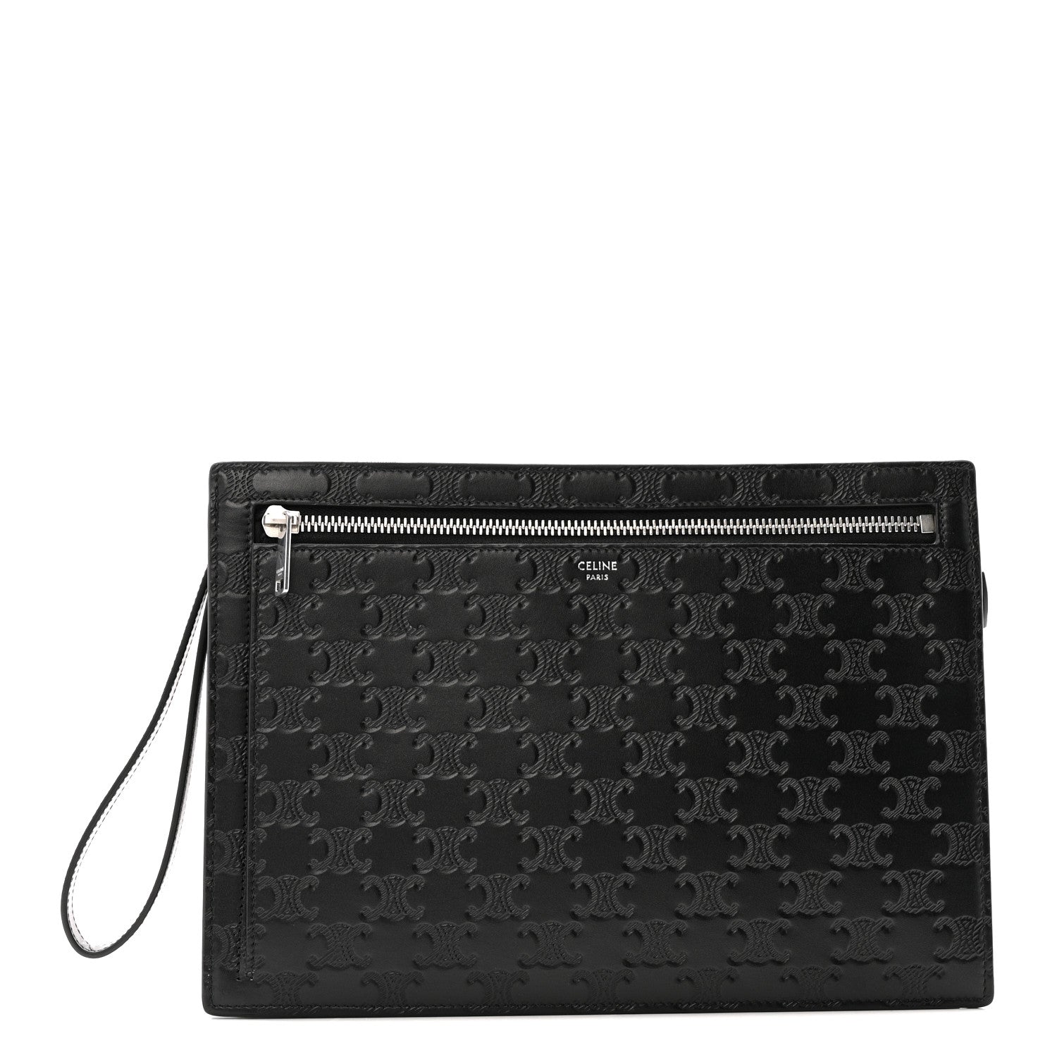 Celine Calfskin Triomphe Embossed Pouch With Strap Black 1 of 8