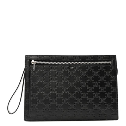 Celine Calfskin Triomphe Embossed Pouch With Strap Black 1 of 8