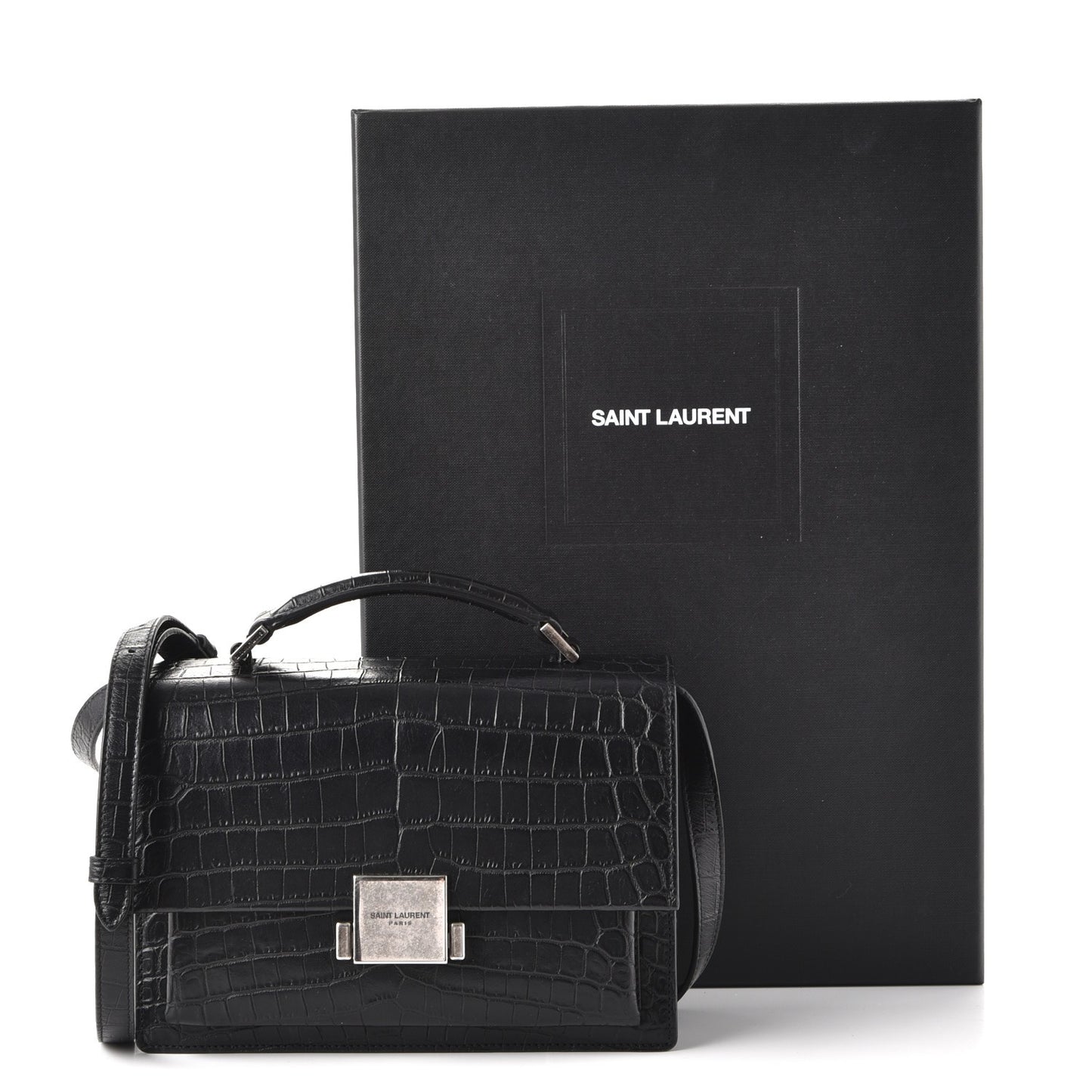 Calfskin Crocodile Embossed Medium Bellechasse Satchel Matte Black