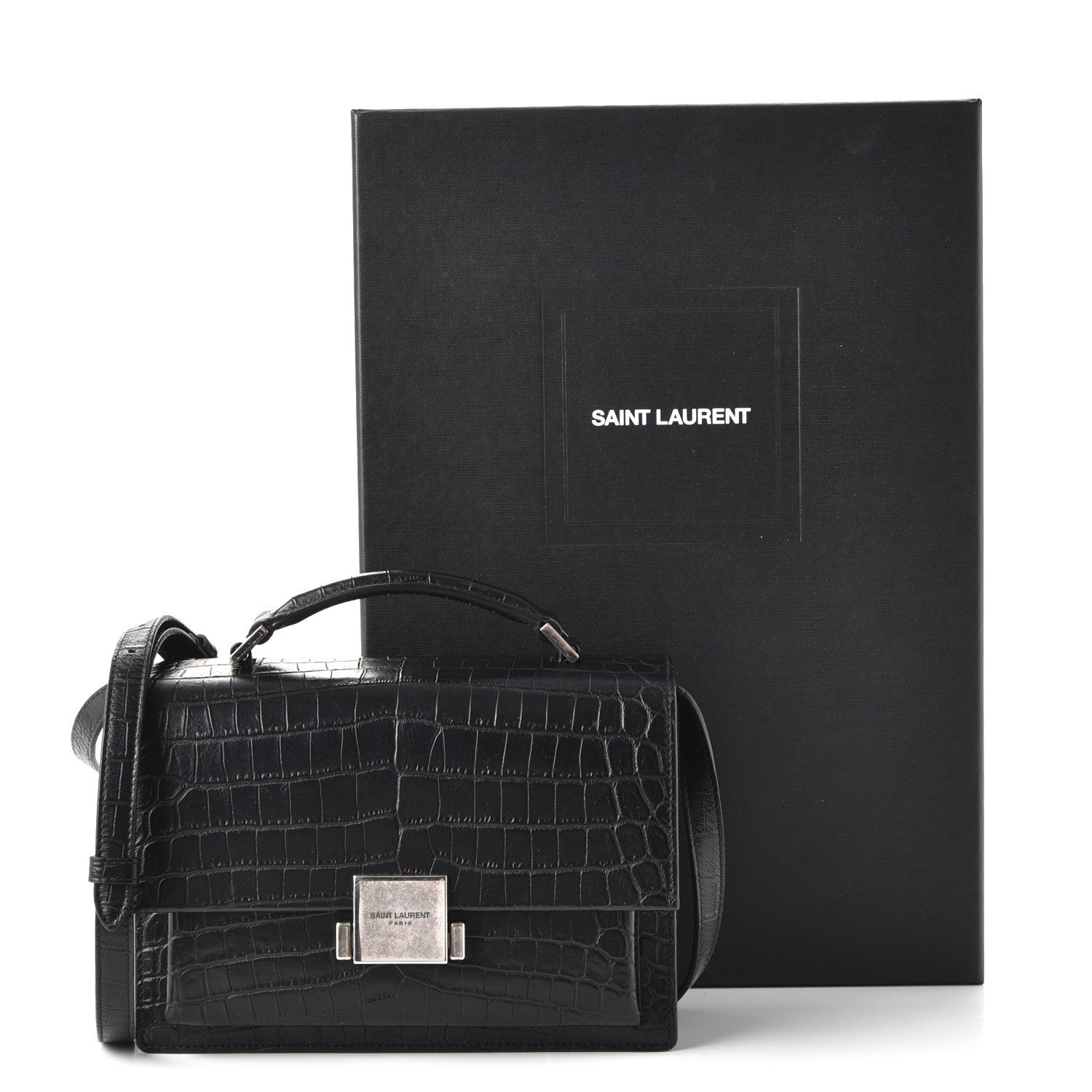 Saint Laurent Calfskin Crocodile Embossed Medium Bellechasse Satchel Matte Black 9 of 9