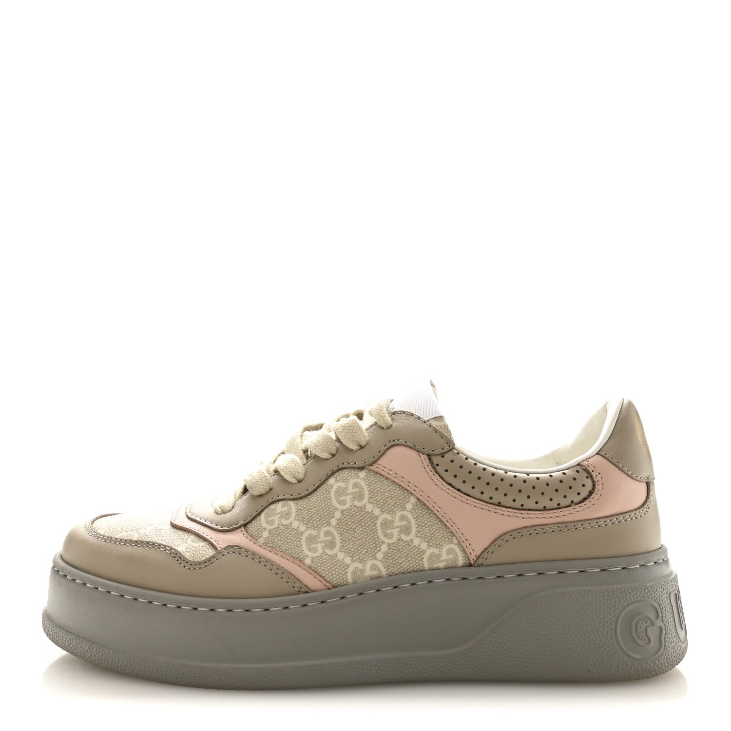 Gucci Calfskin GG Supreme Monogram Perforated Womens Platform 55mm Sneakers 37 Apricot Pink Beige Grey 1 of 10