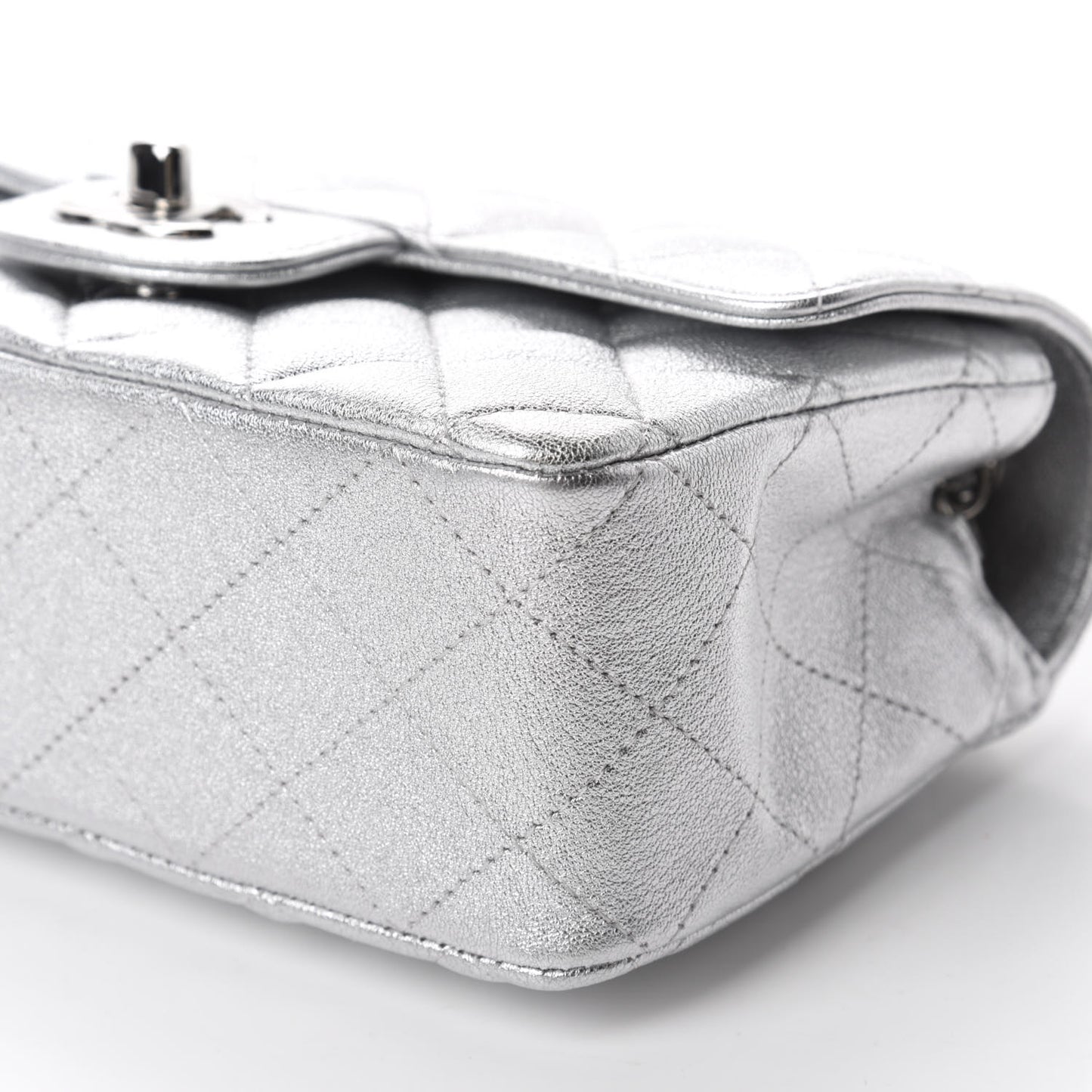 Metallic Lambskin Quilted Mini Rectangular Flap Silver