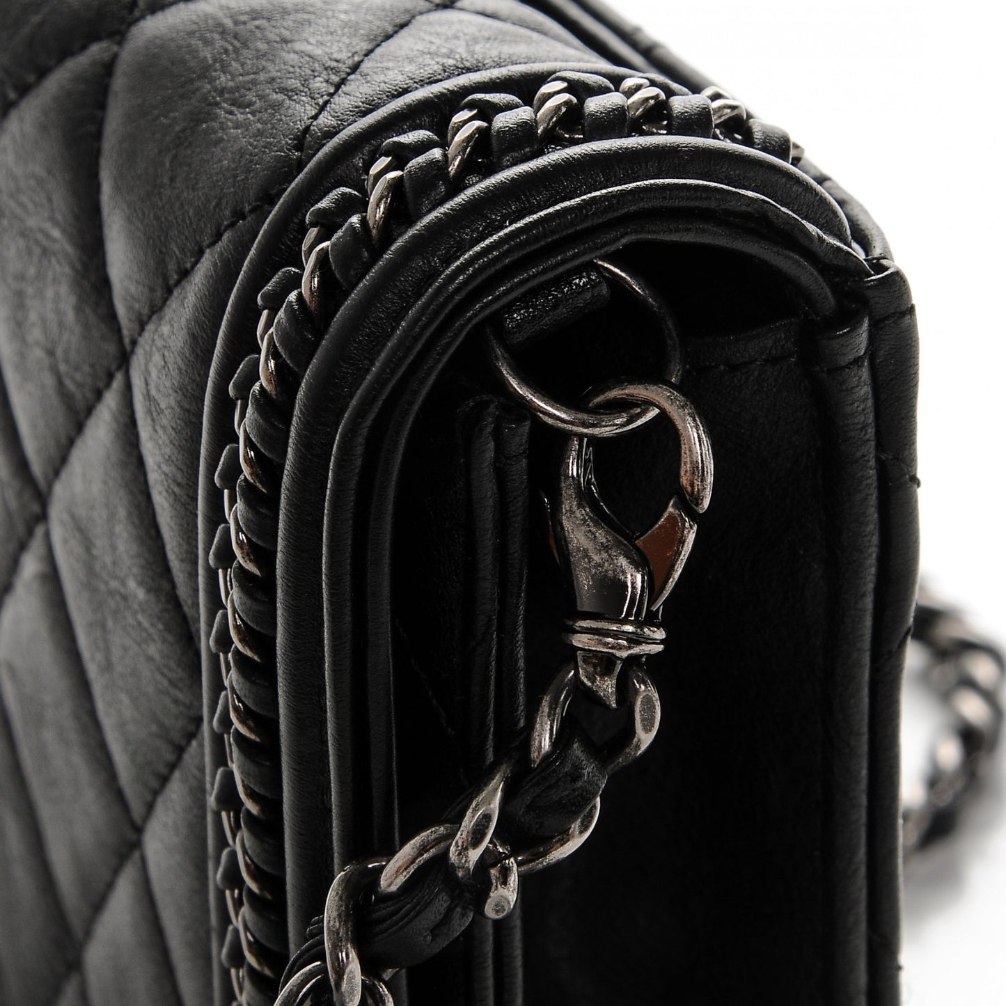 Calfskin Quilted Chain Around Boy Wallet On Removable Chain WOC Black