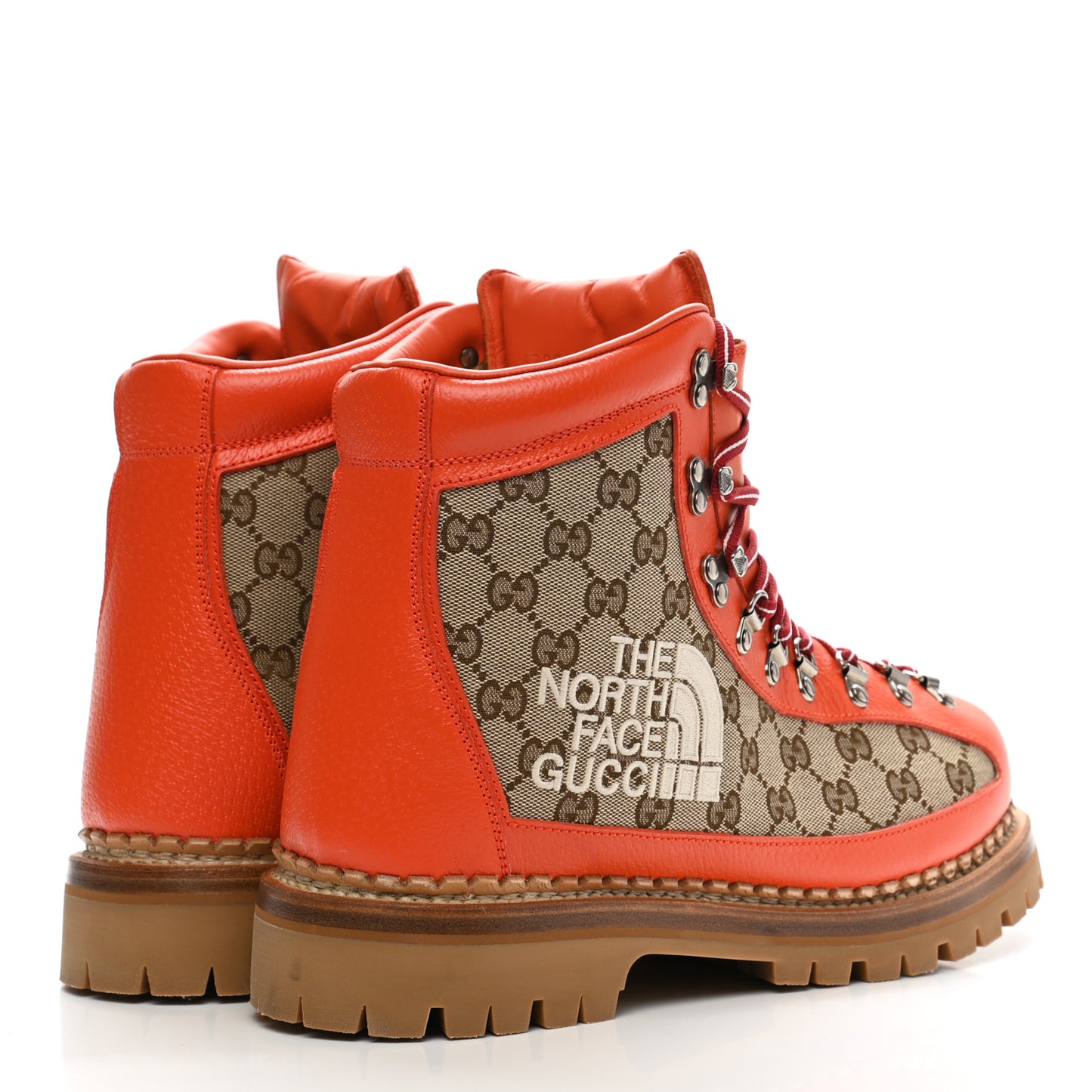 X THE NORTH FACE Monogram Textured Calfskin Mens Hiking Ankle Boots 10.5 Beige Ebony Deep Orange
