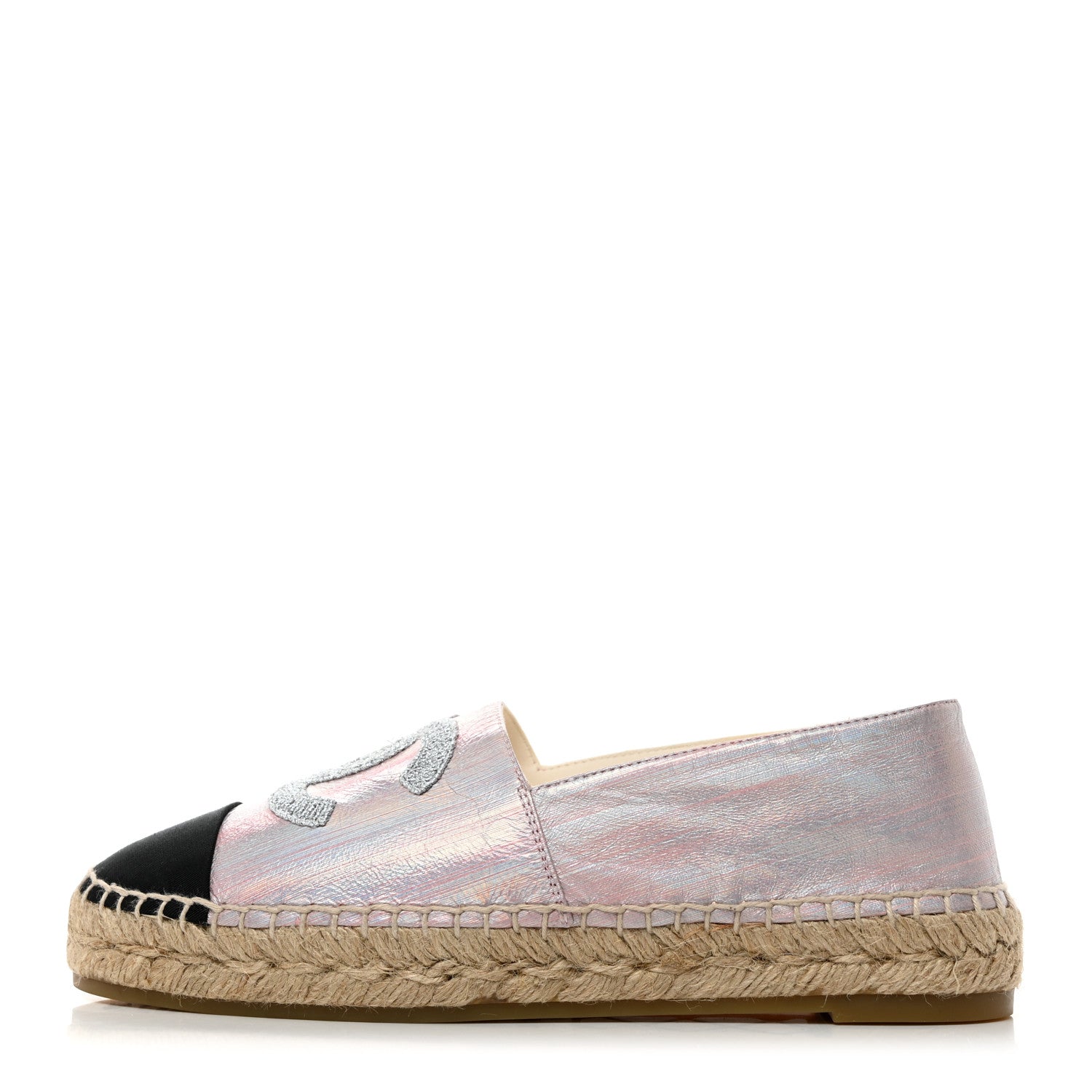 Chanel Laminated Lambskin Grosgrain Embroidered CC Espadrilles 39 Pink Silver Black 1 of 9