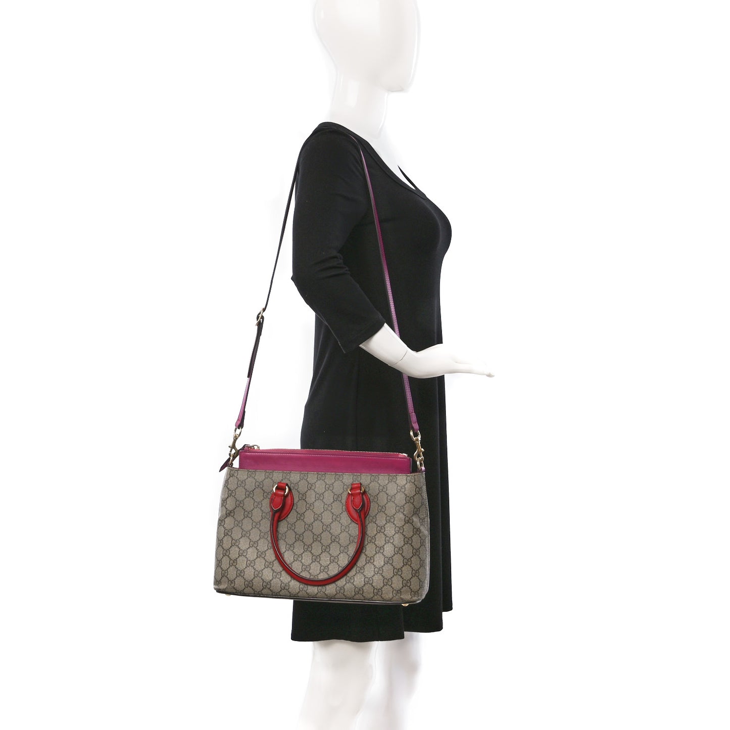 GG Supreme Monogram Moon Calfskin Small Zip Top Tote Beige Ebony Hibiscus Red New Rosette