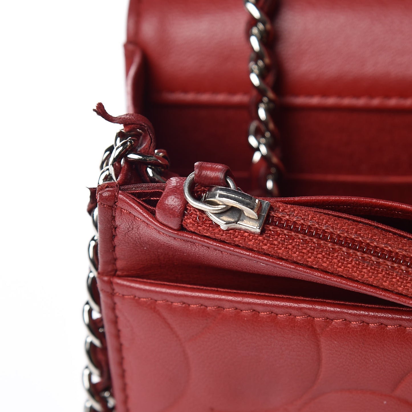Lambskin Camellia Embossed Wallet On Chain WOC Red