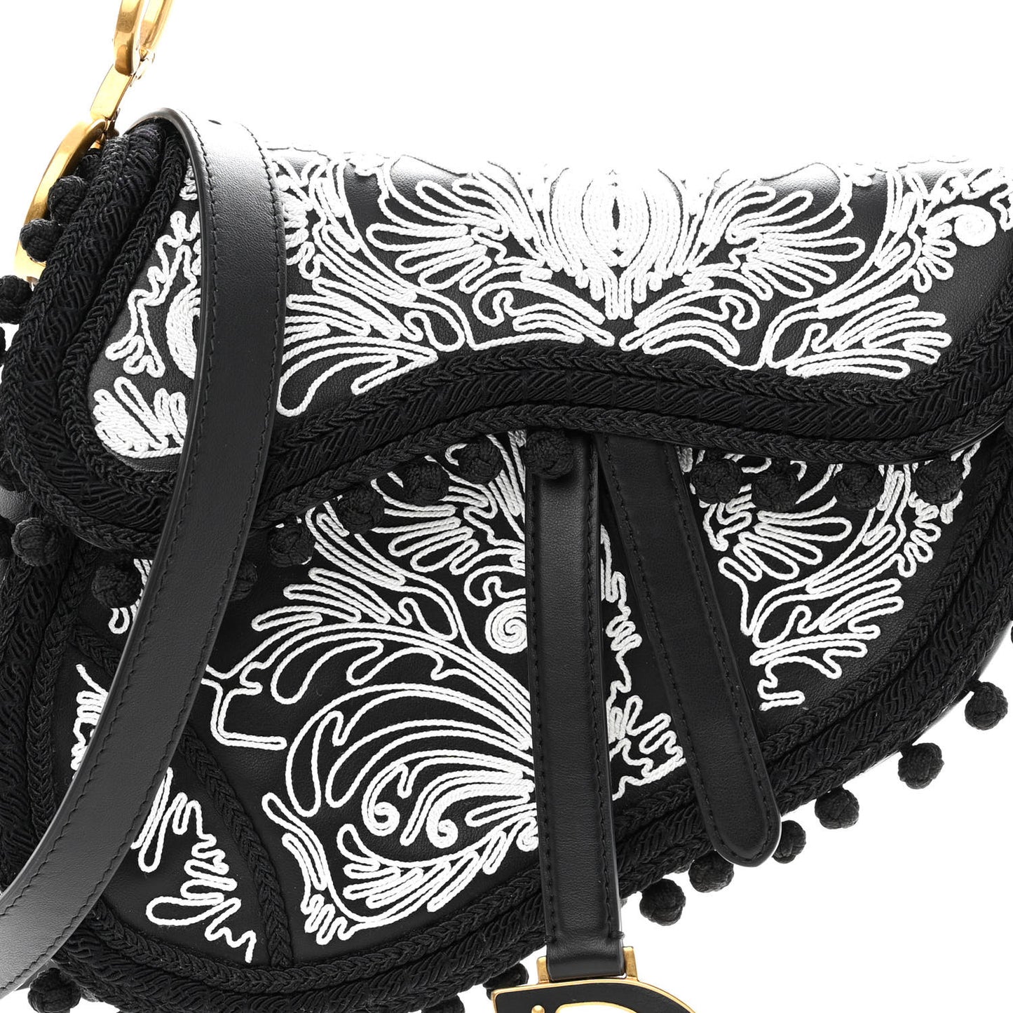 Calfskin Embroidered Saddle Bag Black White