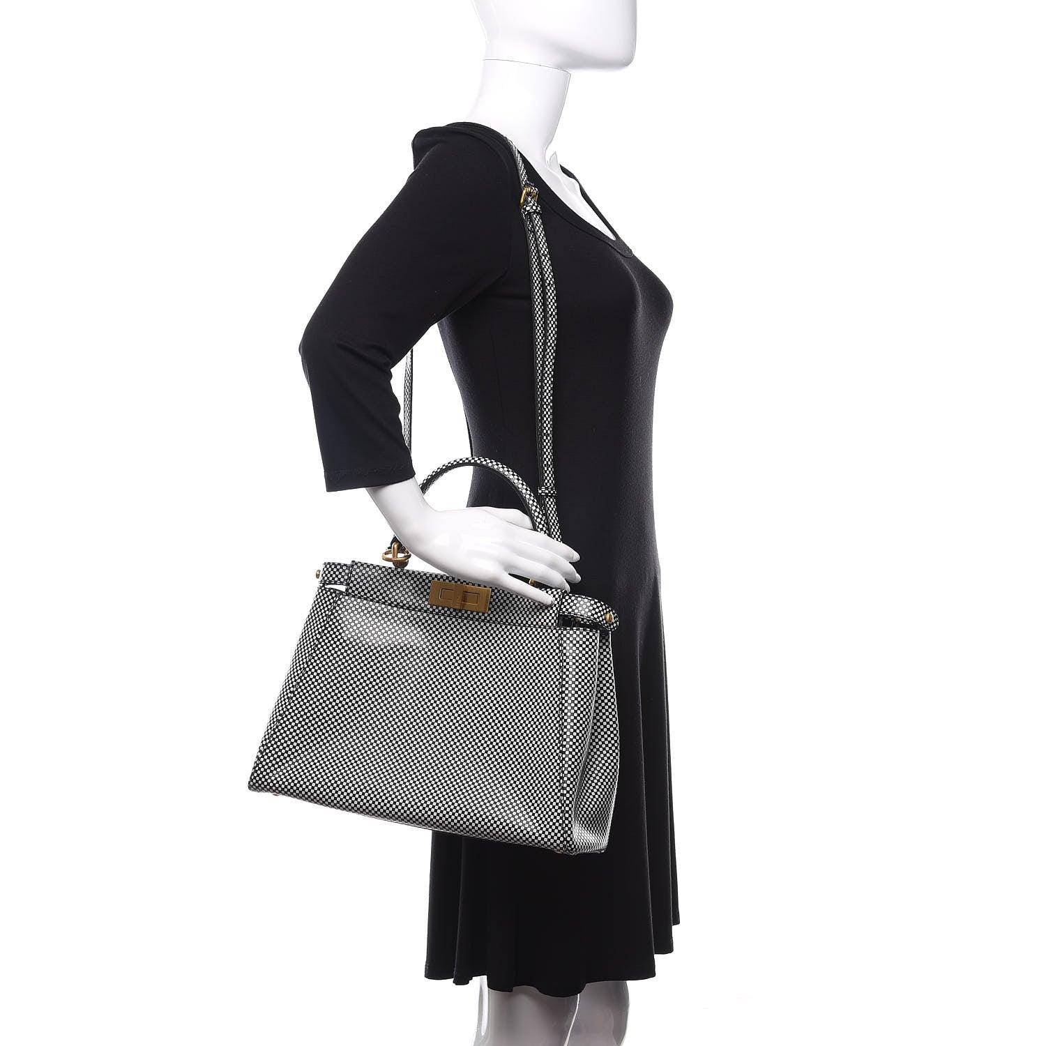 Fendi Pequin Checkered Medium Peekaboo Iconic Satchel Black White 3 of 12