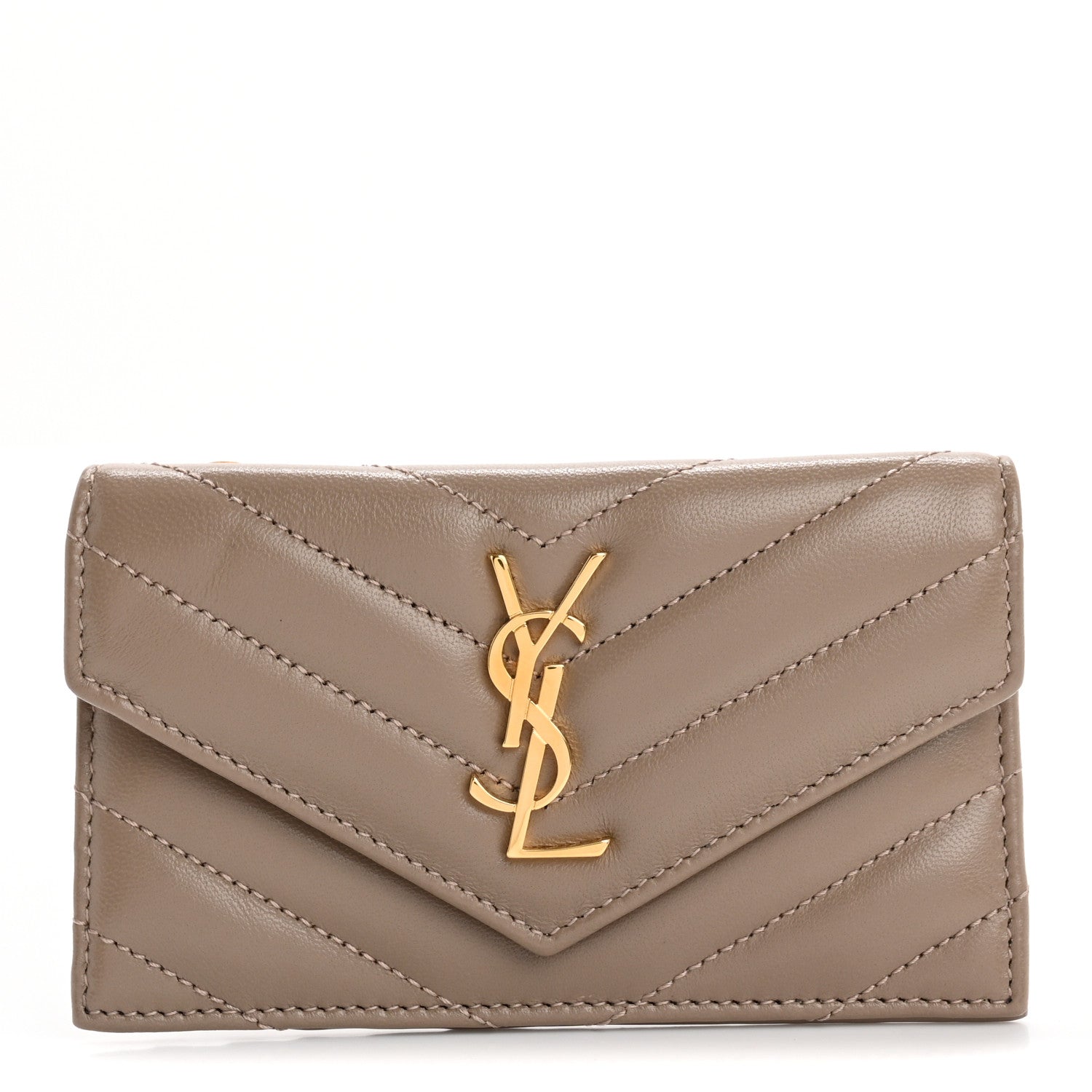 Saint Laurent Calfskin Matelasse Chevron Monogram Fragments Zippered Card Case Greyish Brown 1 of 7