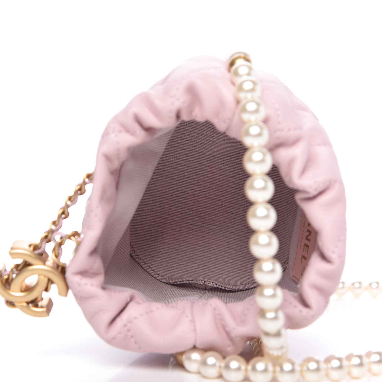 Calfskin Quilted Pearl Mini About Pearls Drawstring Bucket Light Pink