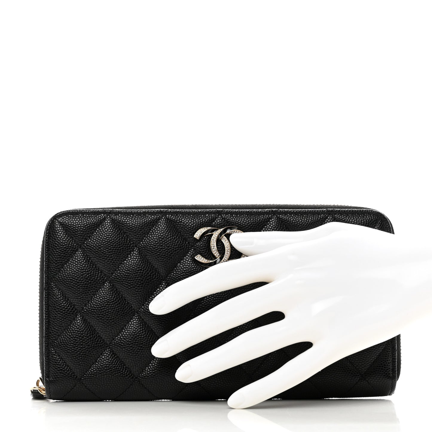 Caviar Quilted Crystal Enamel Large Gusset Zip Around Wallet Black