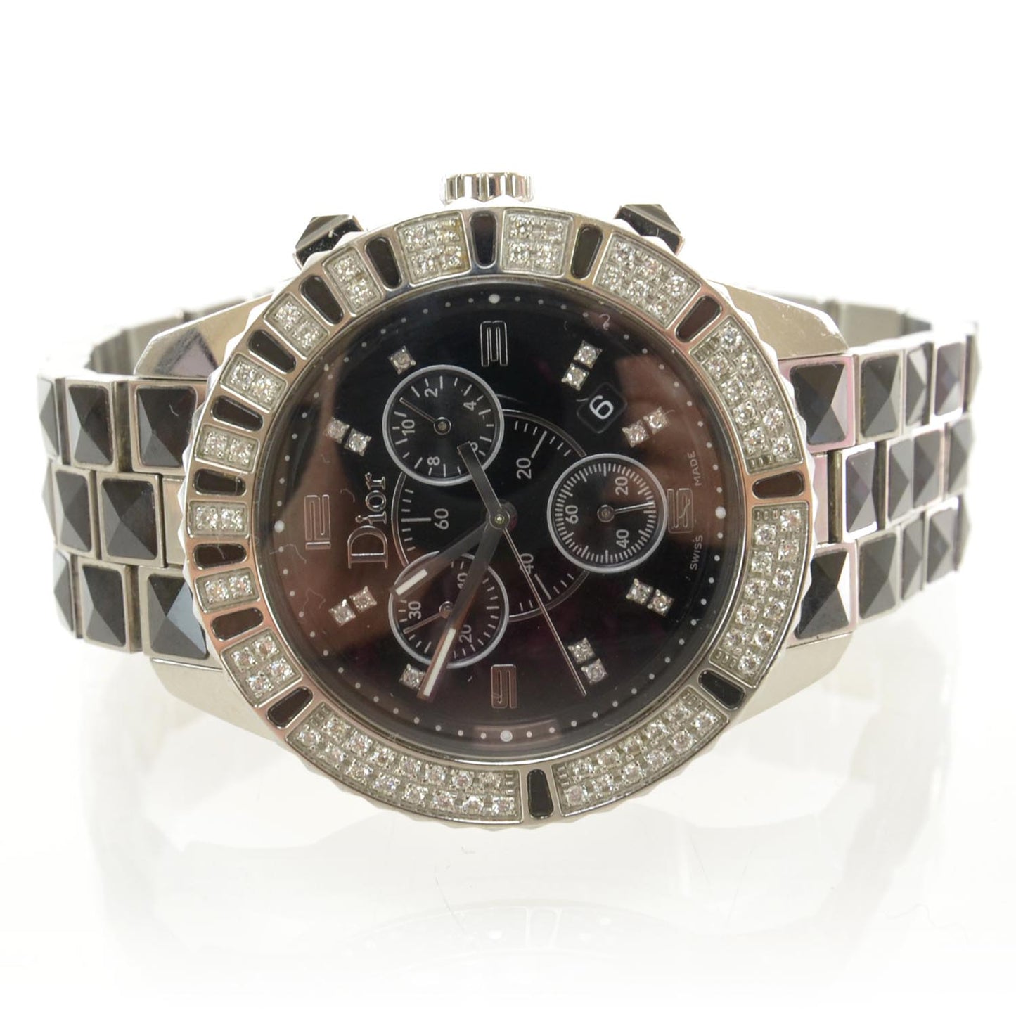 Stainless Steel Diamond Sapphire 33mm Christal Chronograph Quartz Watch Black
