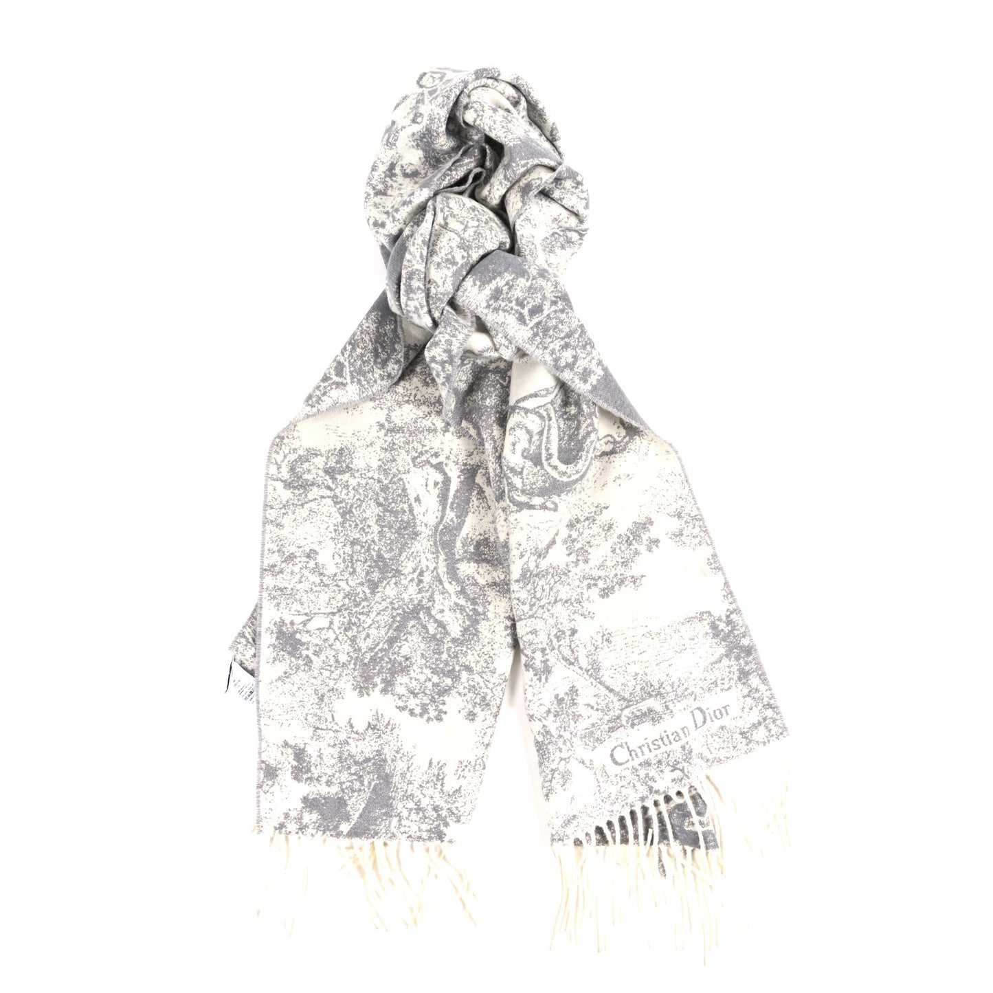 Cashmere Wool Toile De Jouy Sauvage Fringed Scarf Gray