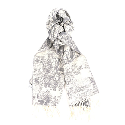 Christian Dior Cashmere Wool Toile De Jouy Sauvage Fringed Scarf Gray 1 of 3