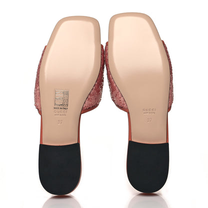 Gucci Sequin Satin Calfskin Matelasse GG Marmont Flat Slide Sandals 37 Antique Rose Rosa Pale Pink 5 of 9