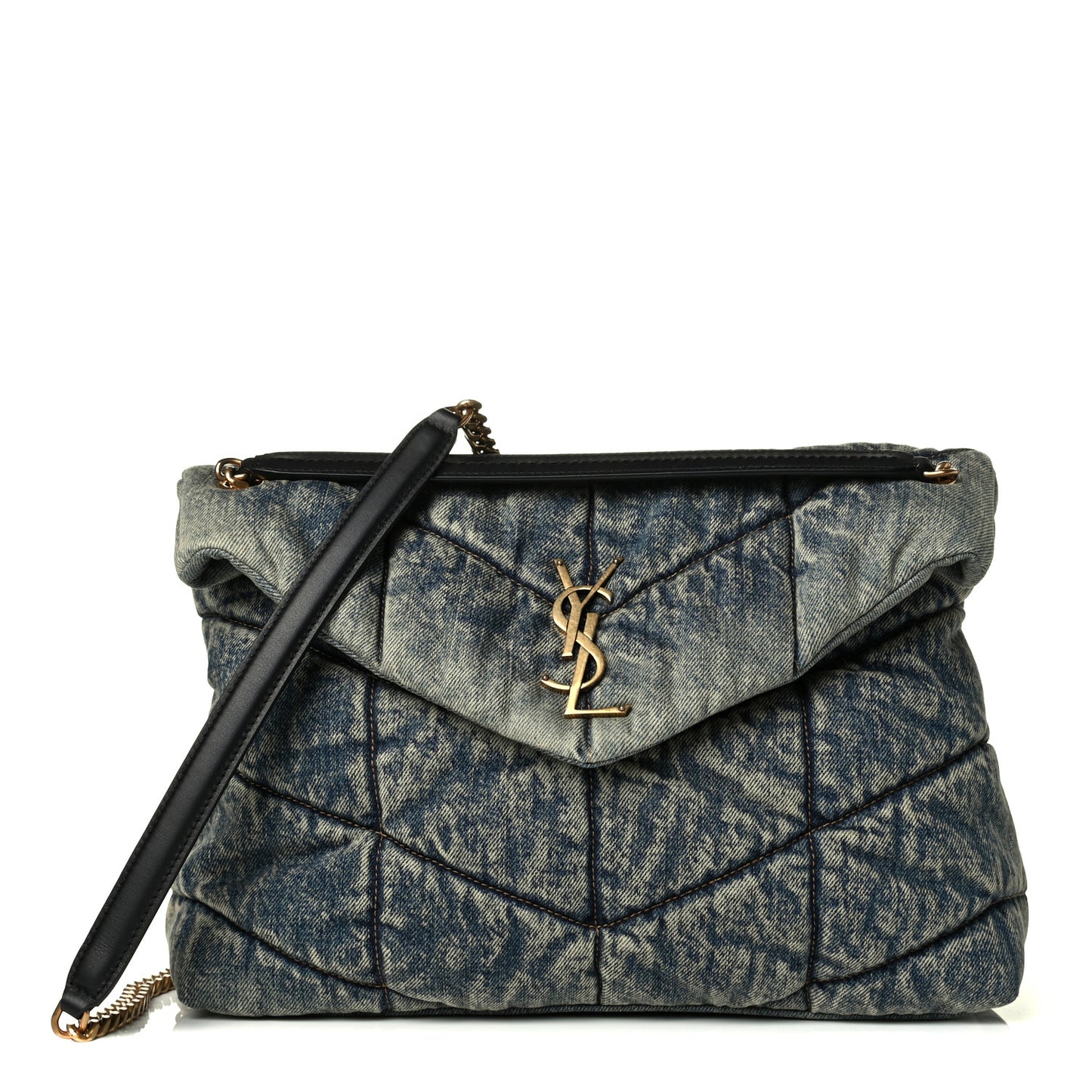 Denim Quilted Medium Loulou Puffer Monogram Chain Satchel Blue Black