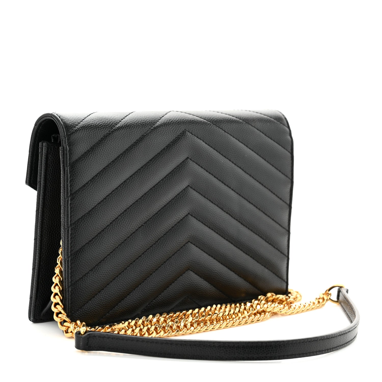 Saint Laurent Grain De Poudre Matelasse Chevron Monogram Envelope Chain Wallet Black 3 of 11