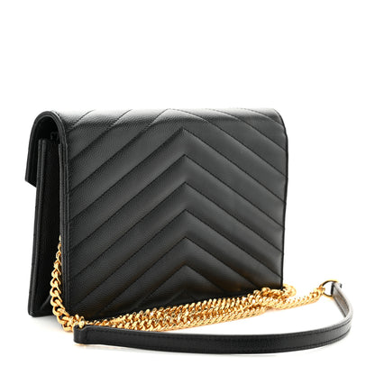 Saint Laurent Grain De Poudre Matelasse Chevron Monogram Envelope Chain Wallet Black 3 of 11