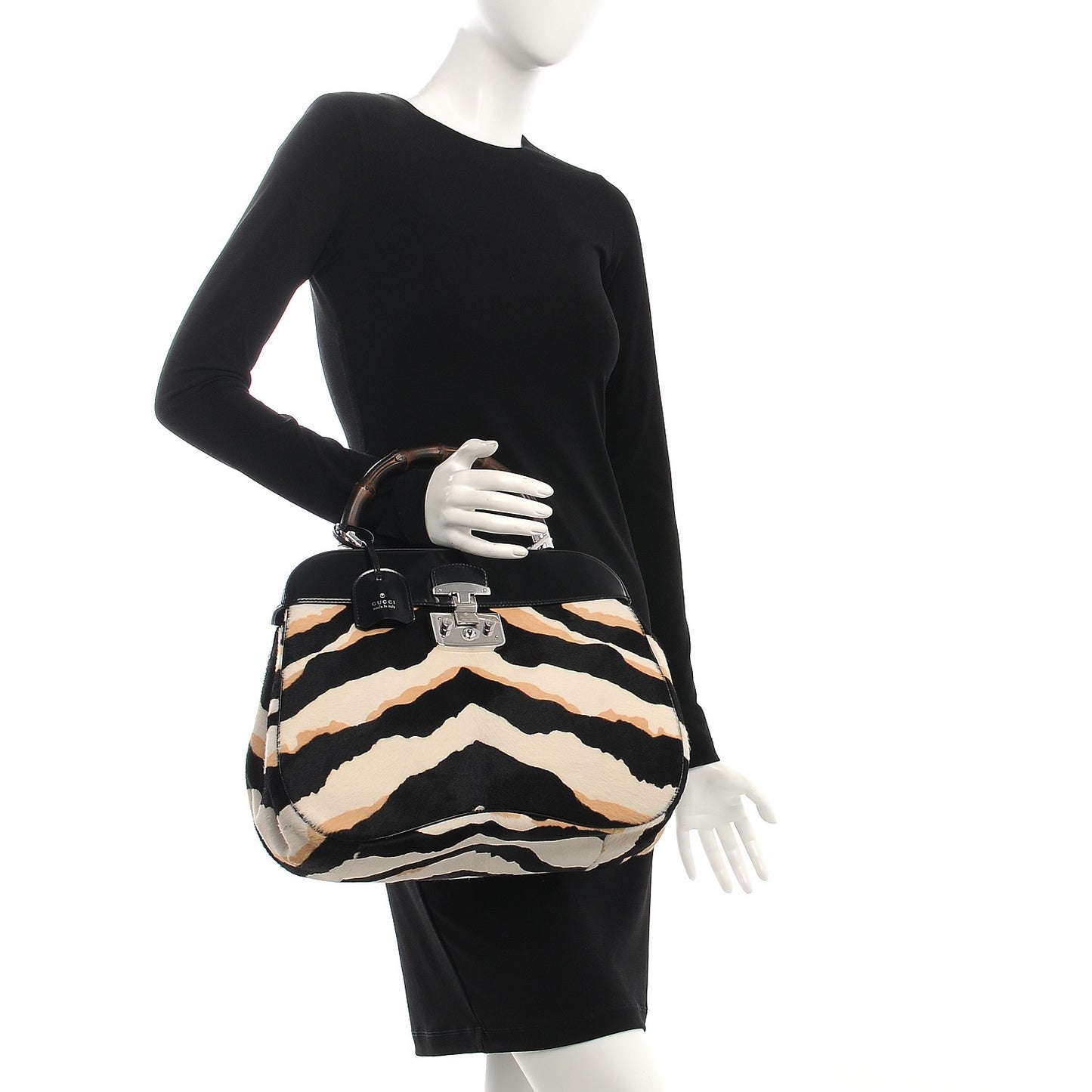 Calf Hair Zebra Print Bamboo Large Lady Lock Top Handle Bag Black White