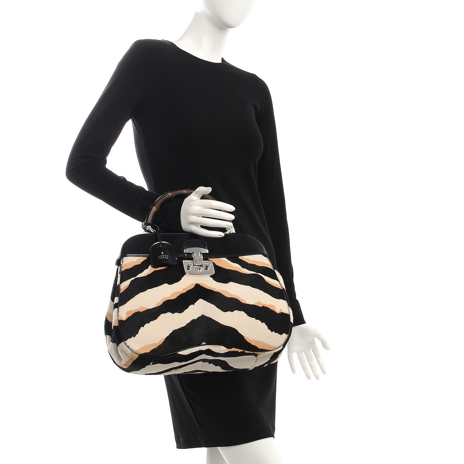 Gucci Calf Hair Zebra Print Bamboo Large Lady Lock Top Handle Bag Black White 2 of 8