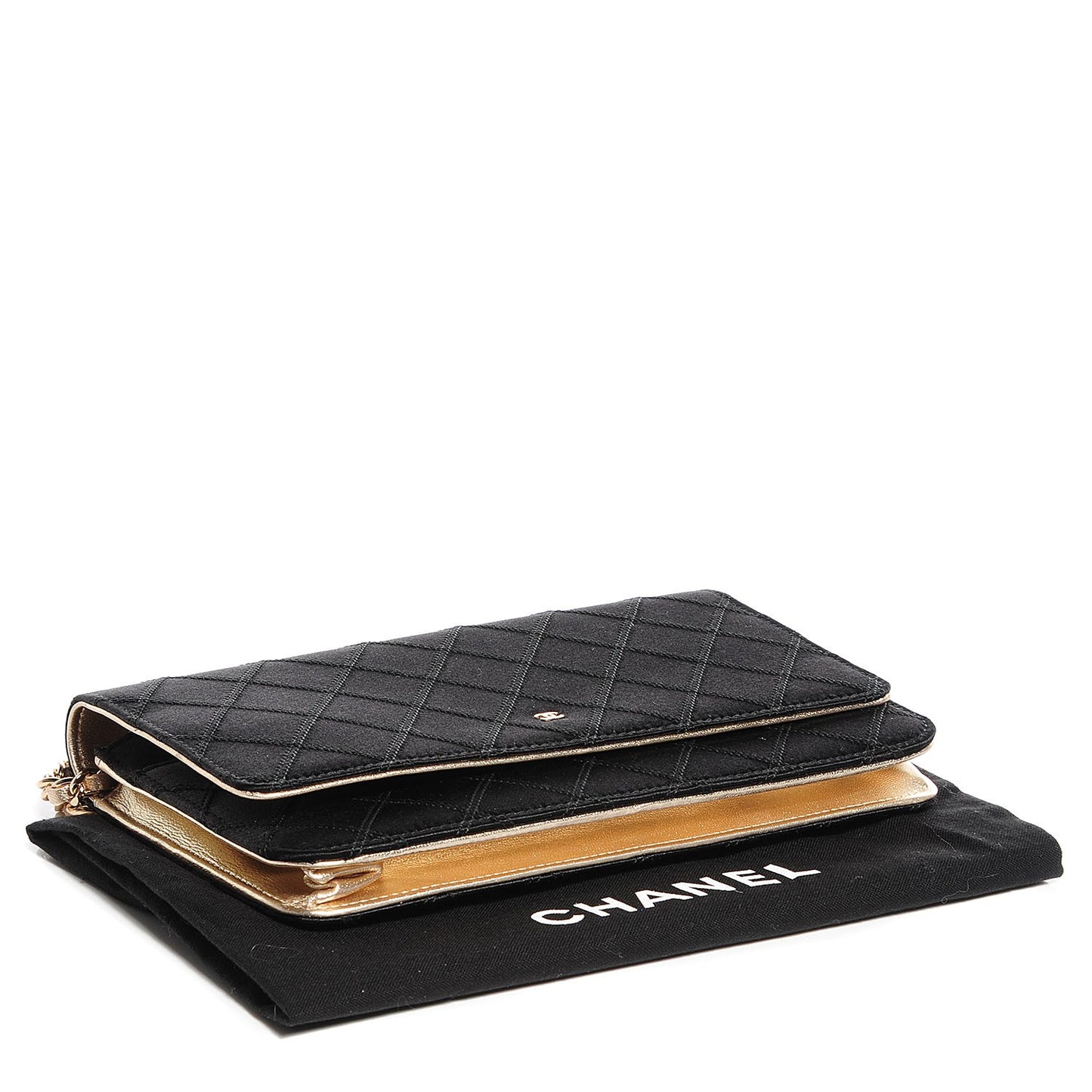 Satin Diamond Stitch Wallet On Chain WOC Black Gold