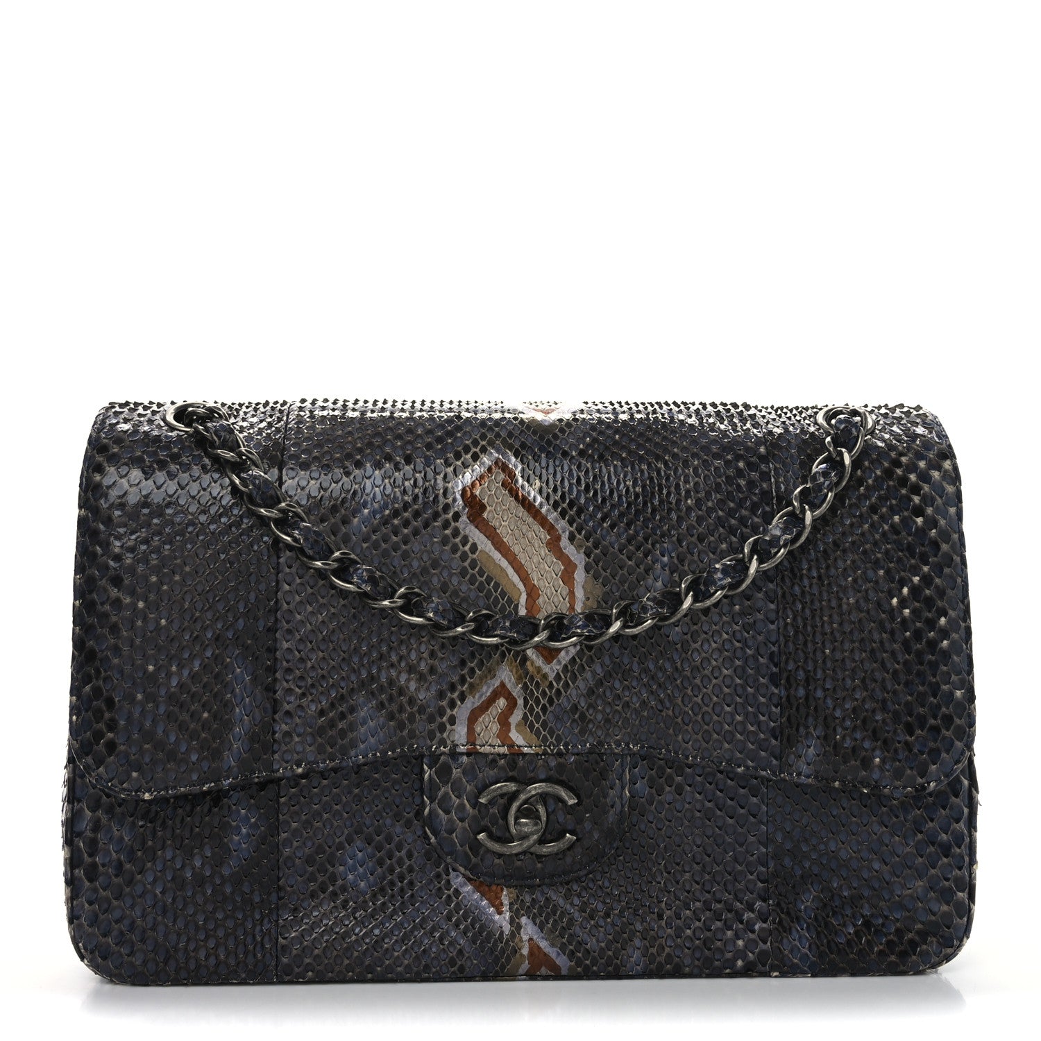 Chanel Metallic Snakeskin Jumbo Double Flap Blue 8 of 10