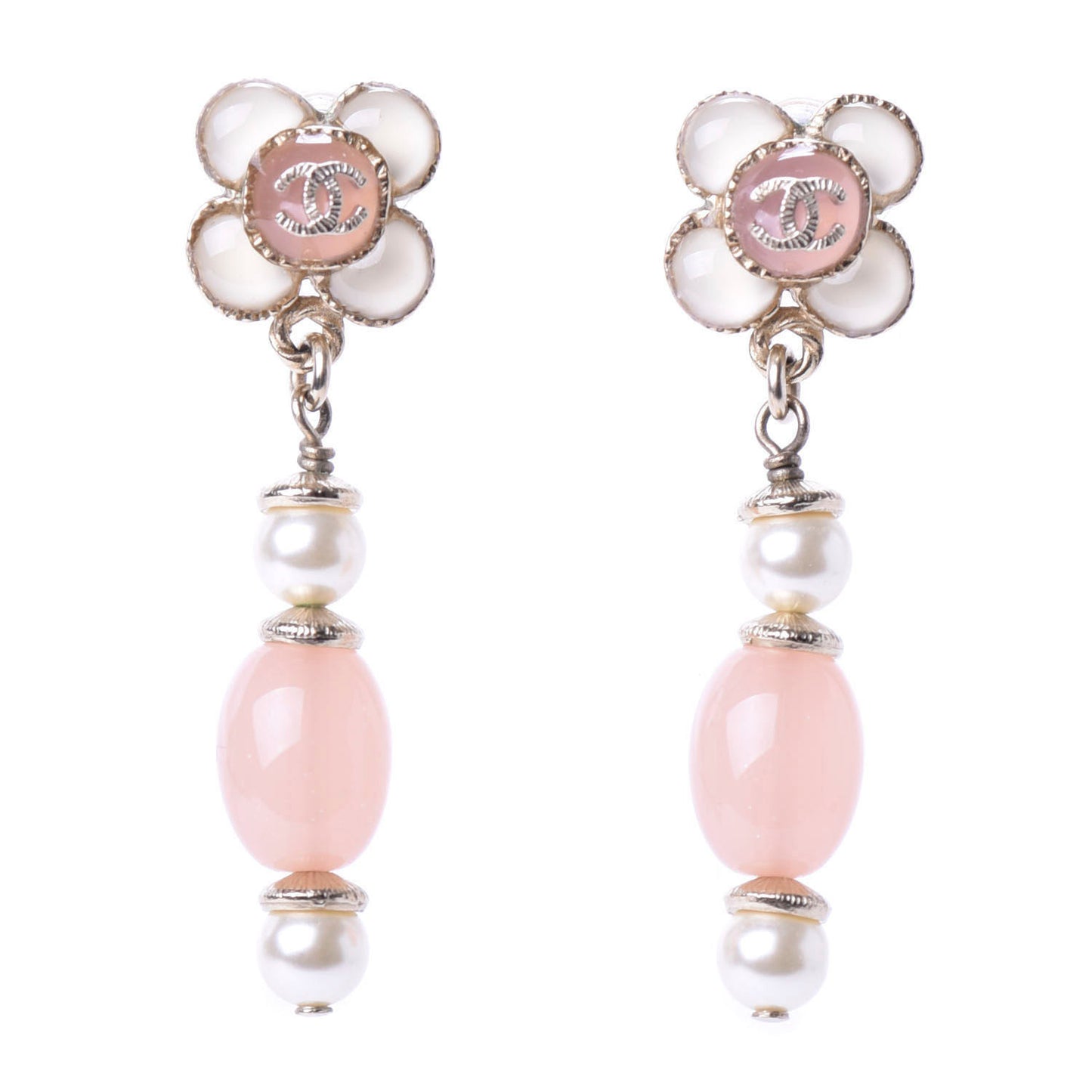 Resin Pearl CC Flower Drop Earrings Pink Beige