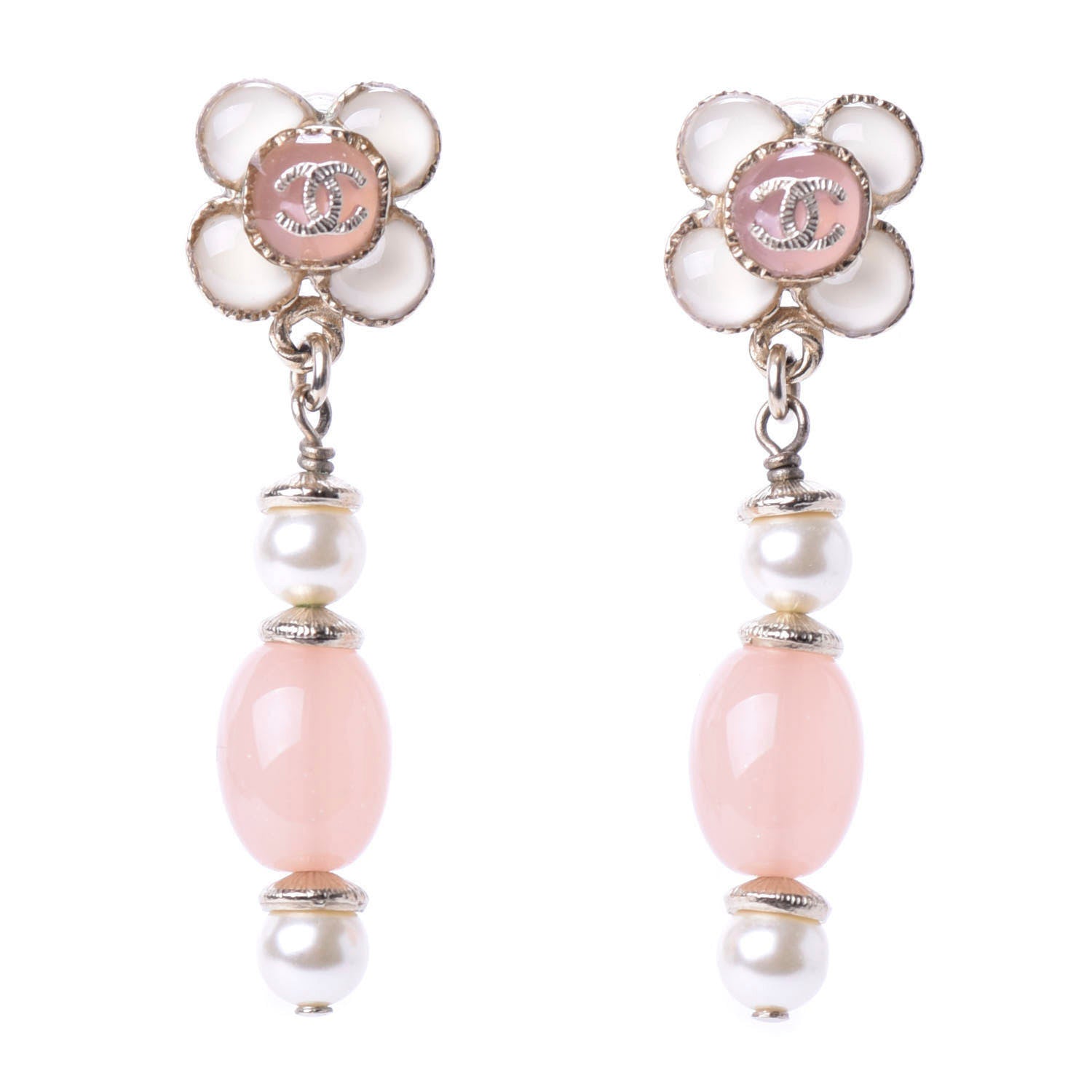 Chanel Resin Pearl CC Flower Drop Earrings Pink Beige 1 of 5