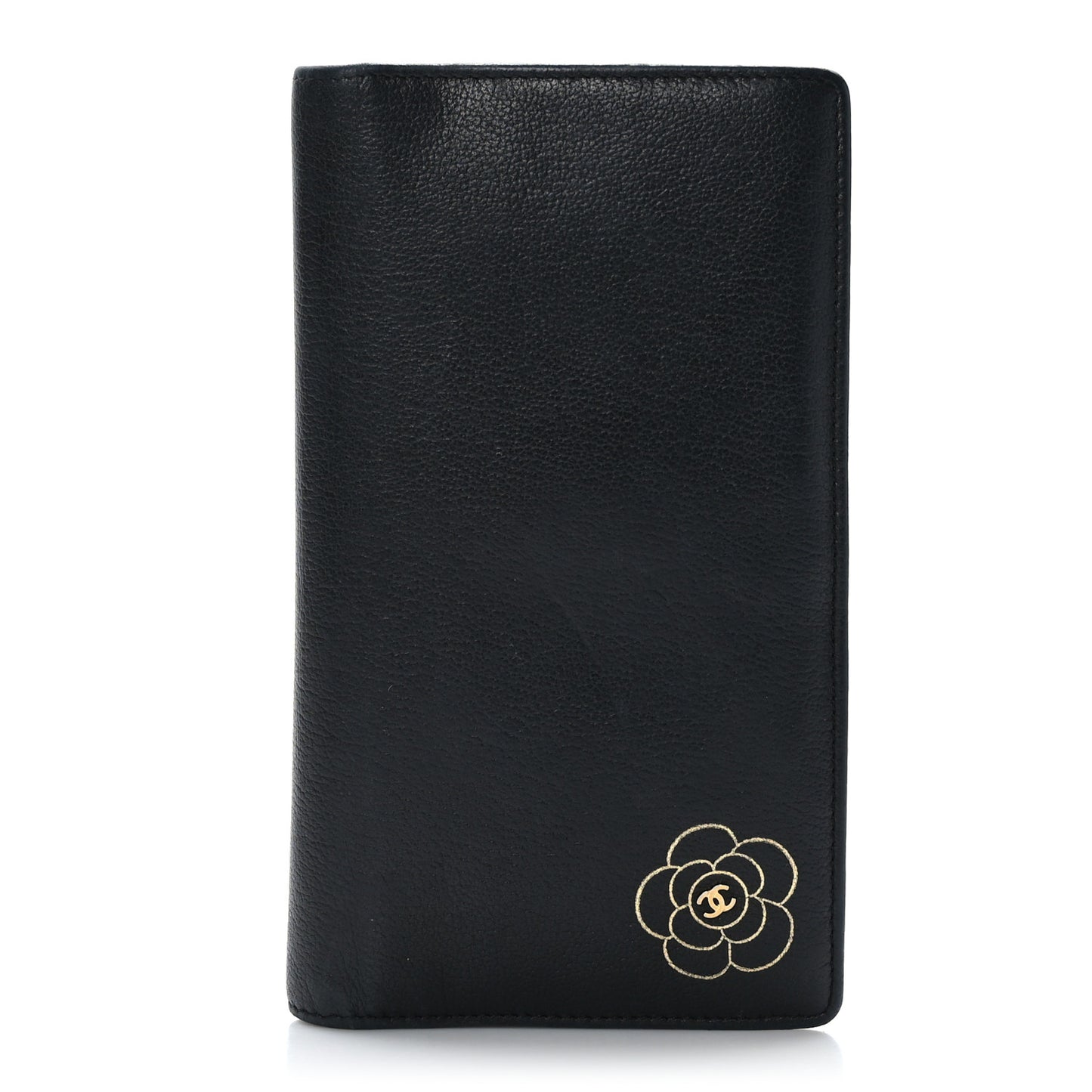 Goatskin Camellia Embossed Yen Wallet Black