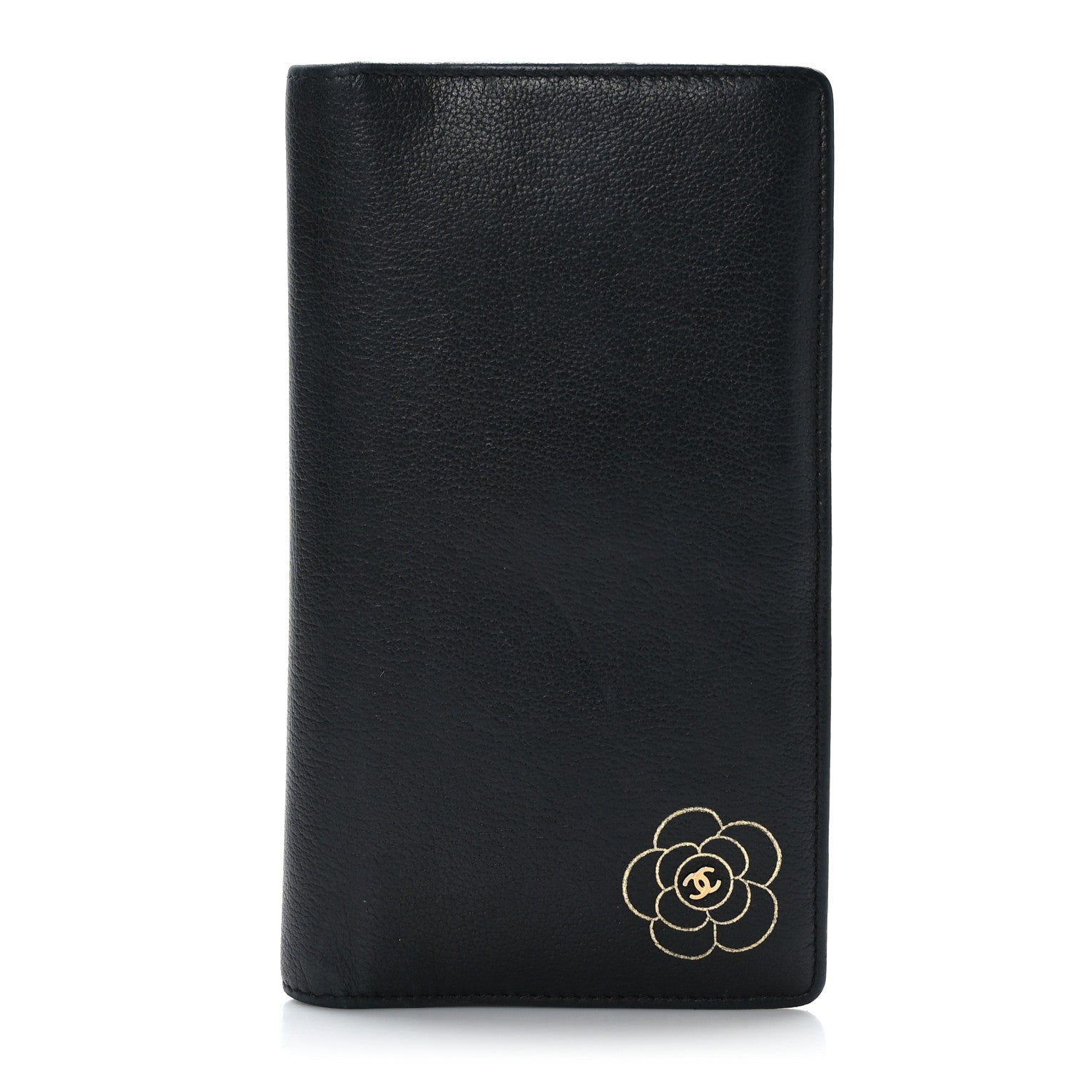 Chanel Goatskin Camellia Embossed Yen Wallet Black 1 of 7