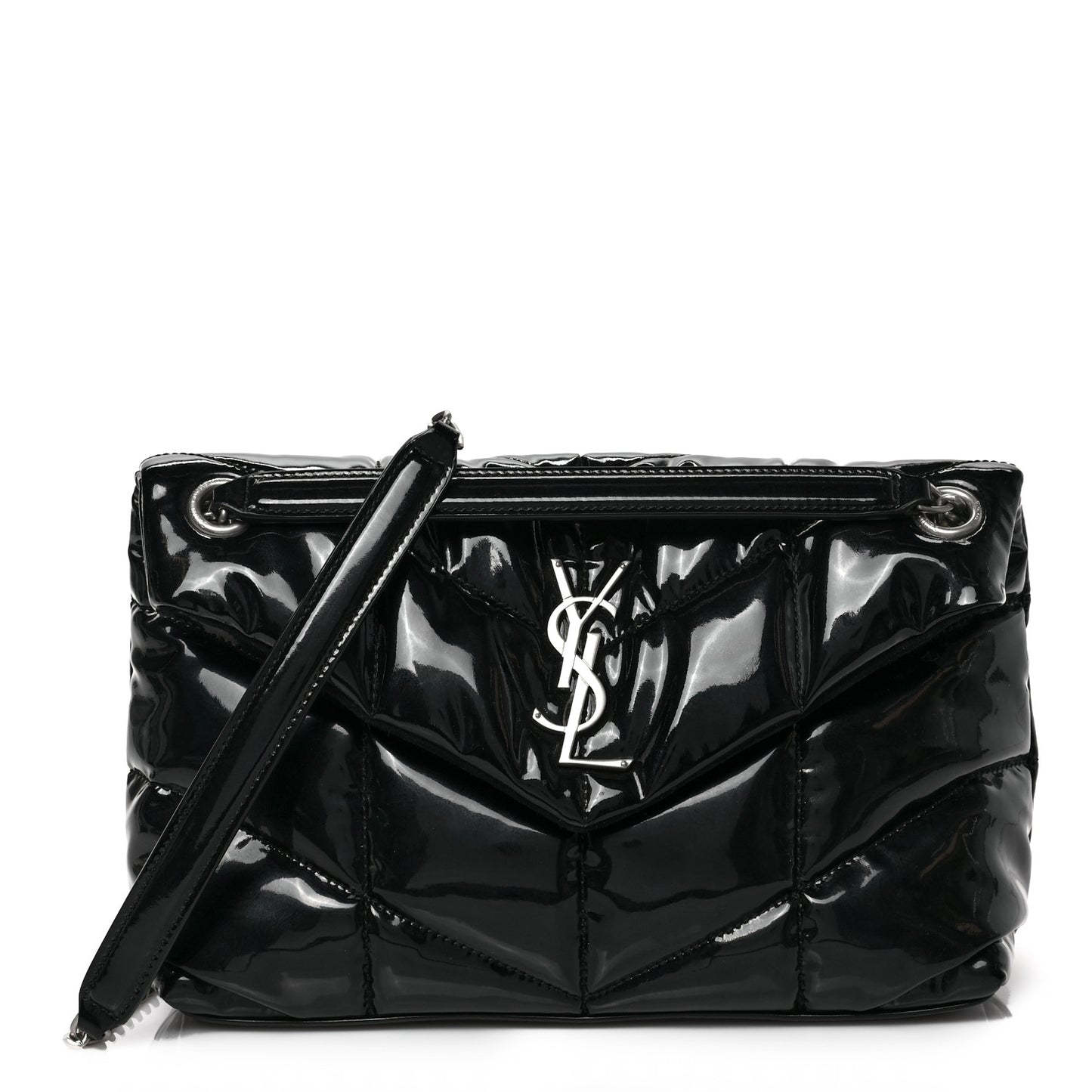 Patent Quilted Small Loulou Puffer Monogram Chain Satchel Black