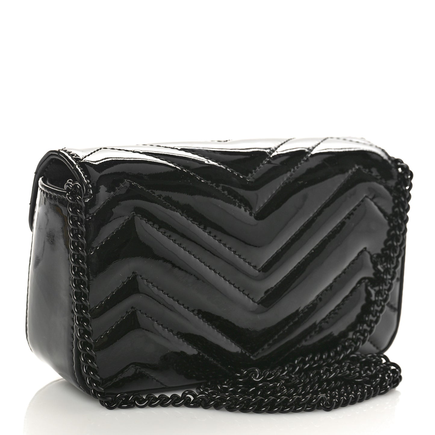 Patent Lambskin Enamel Matelasse Monochrome Super Mini GG Marmont Shoulder Bag Black