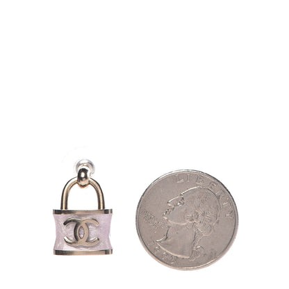 Chanel Resin Strass Silver Lock Earrings Golden Iridescent Lilac 2 of 5
